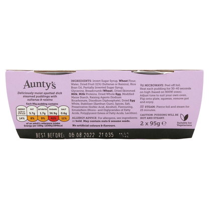 Aunty's Delicious Spotted Dick Sultana & Raisin Steamed Puds 2 x 95g - UK Food & Drink - 9417986934495