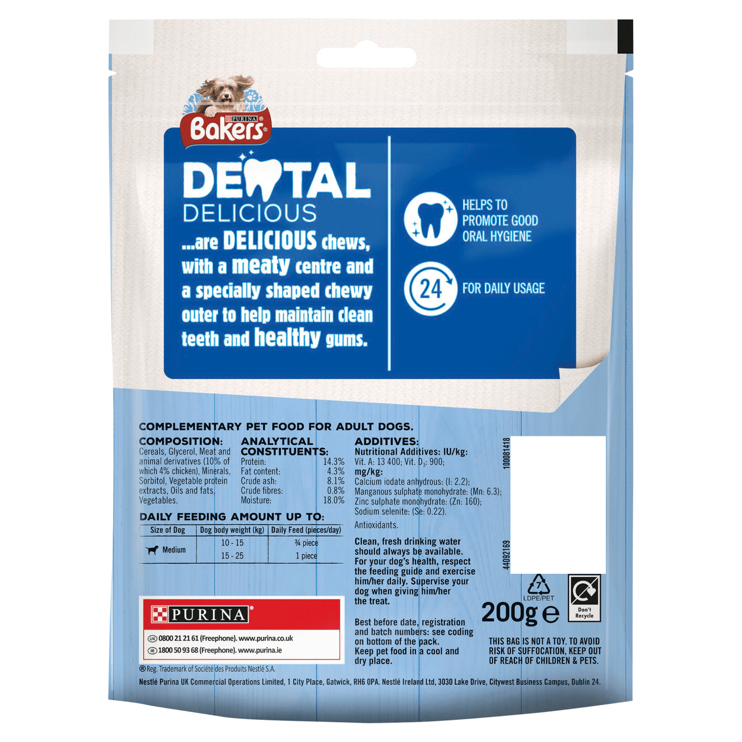 Bakers Dental Delicious Adult Medium Dog Treat with Chicken 7 Sticks 200g - UK Food & Drink - 7613032717629