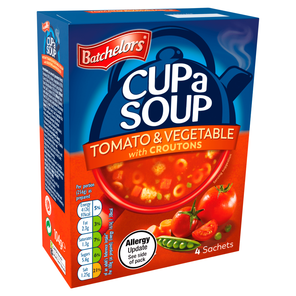 Batchelors 4 Tomato & Vegetable with Croutons Cup a Soup Sachets 104g - UK Food & Drink - 5000175409139