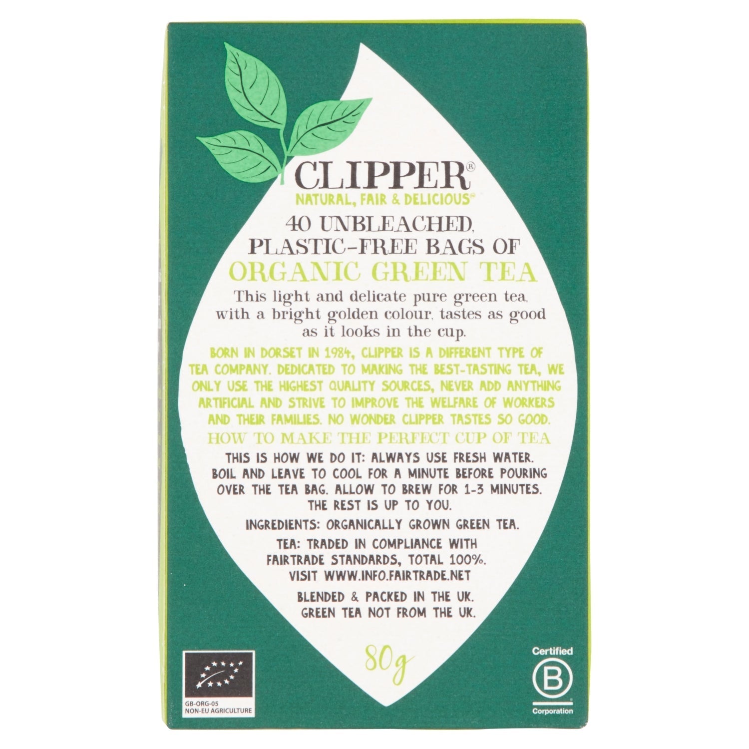 Clipper Fairtrade 40 Organic Green Tea in Unbleached, Plastic - Free Bags 80g - UK Food & Drink - 5021991942631