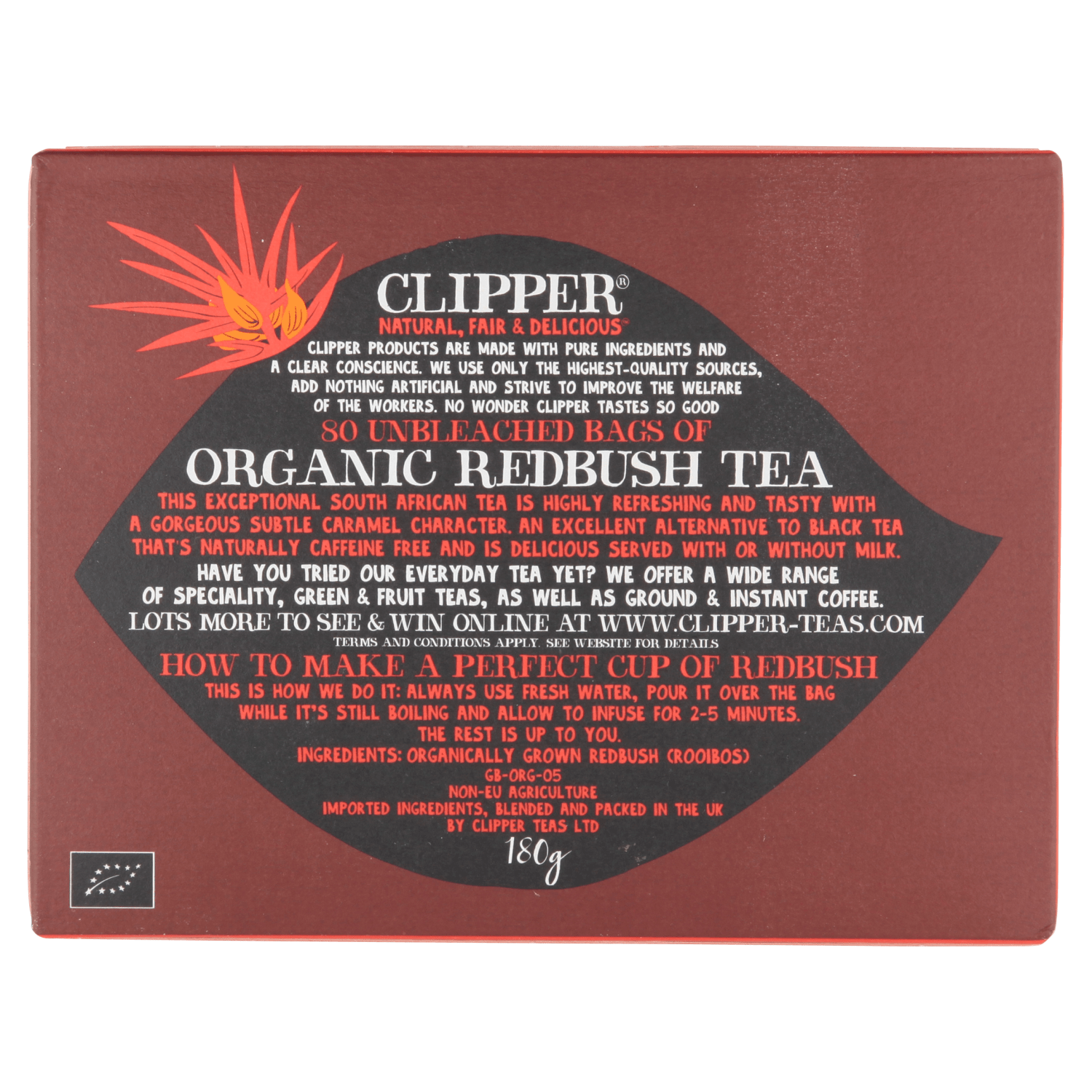Clipper Organic Redbush 80 Unbleached Tea Bags 180g - UK Food & Drink - 5021991280016