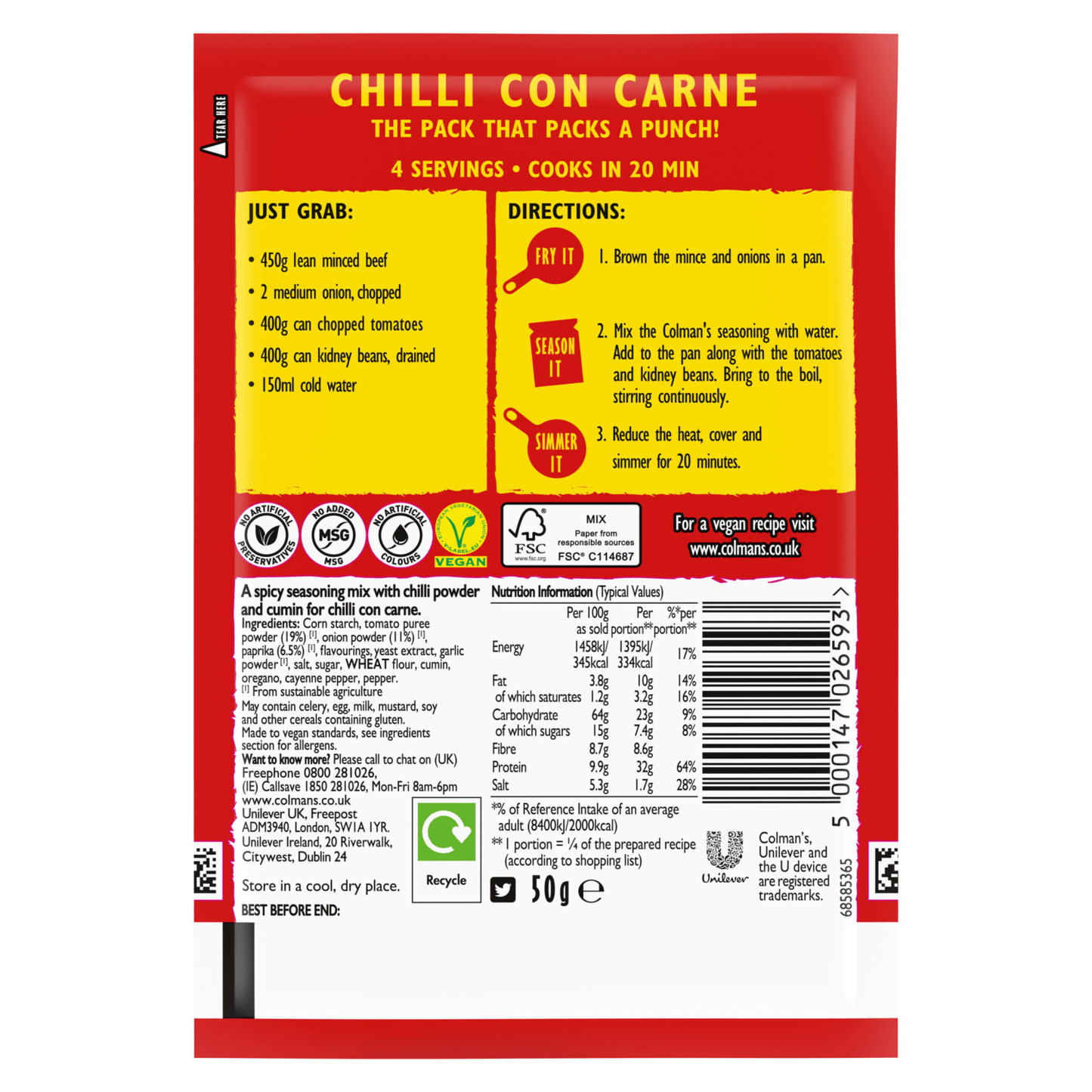 Colman's Chilli Con Carne Seasoning Mix 50g - UK Food & Drink - 5000147026593