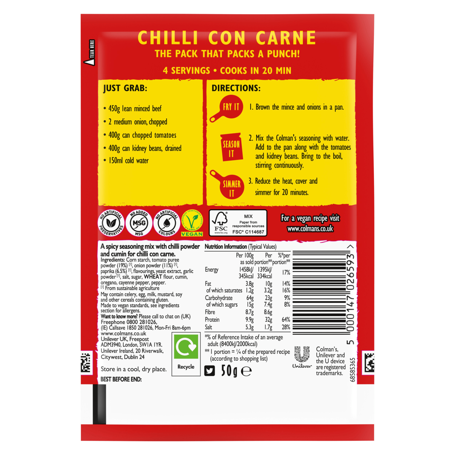 Colman's Chilli Con Carne Seasoning Mix 50g - UK Food & Drink - 5000147026593