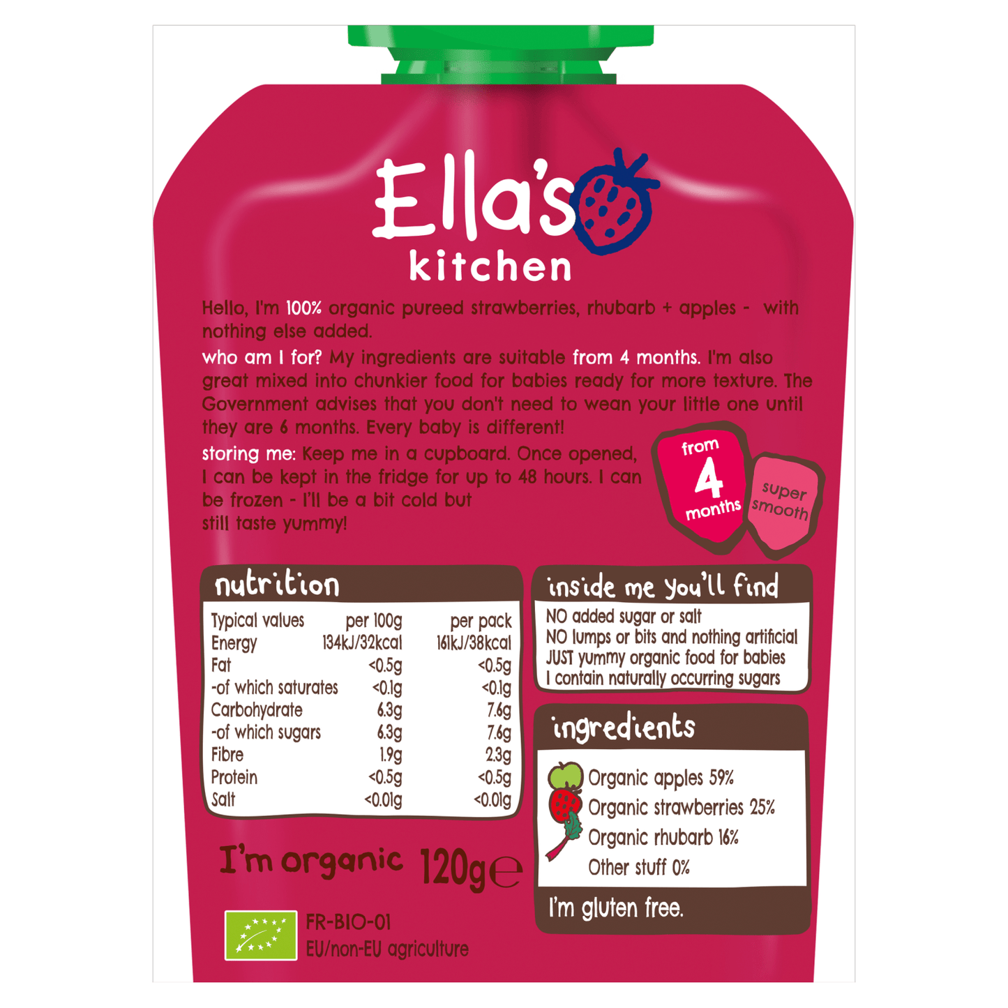 Ella's Kitchen Organic Strawberries, Rhubarb and Apples Baby Pouch 4+ Months 120g - UK Food & Drink - 5060503500808