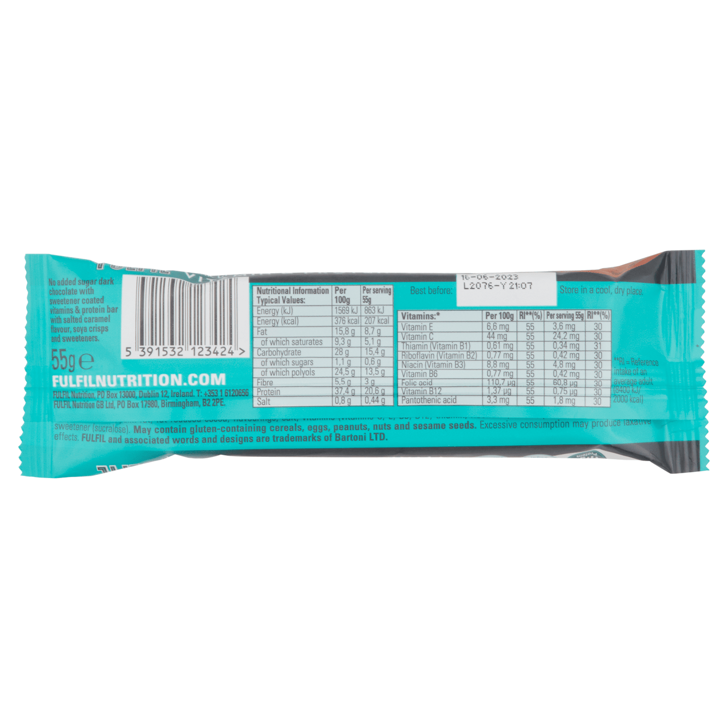 Fulfil Dark Chocolate Salted Caramel Flavour Vitamin & Protein Bar 55g - UK Food & Drink - 5391532123424