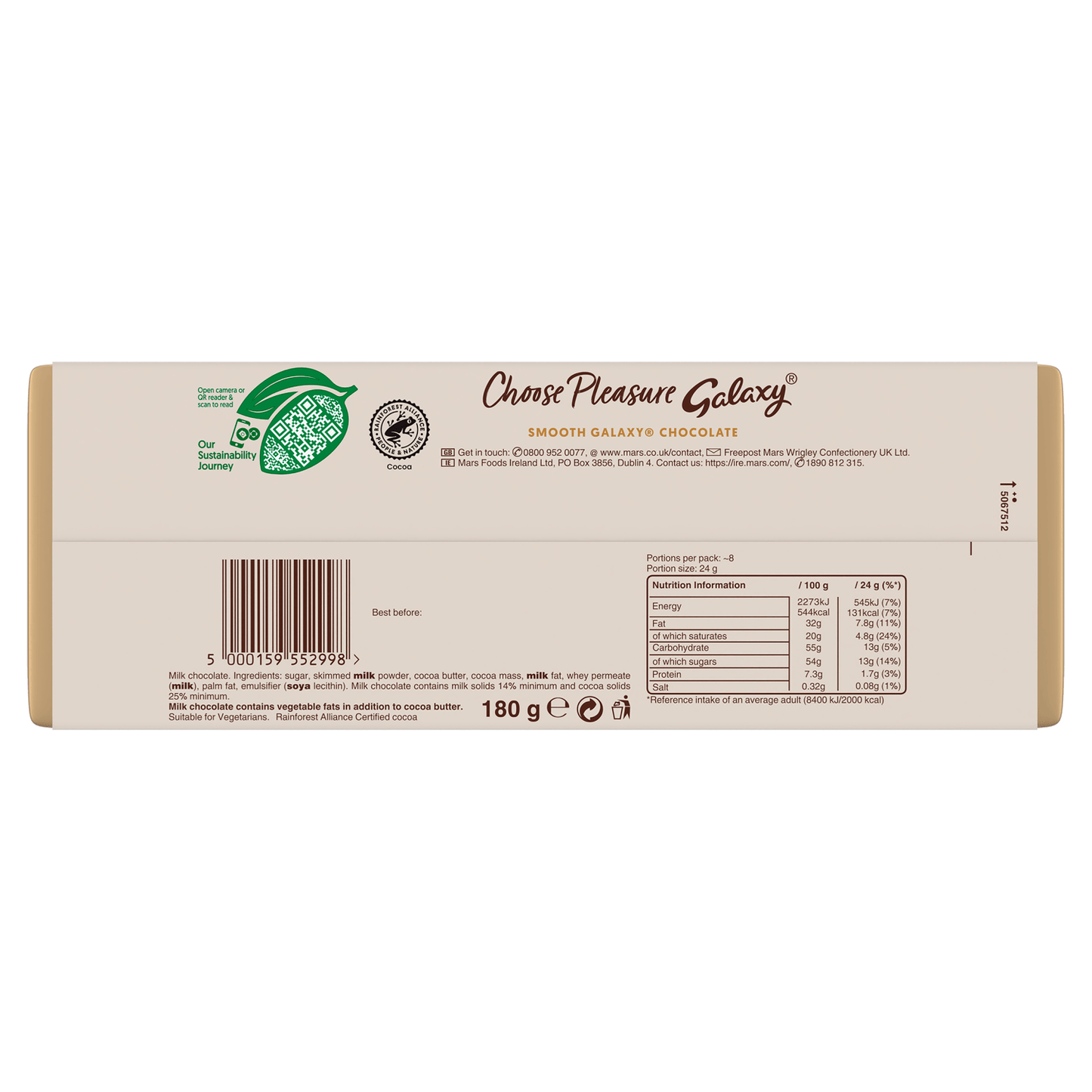 Galaxy Smooth Milk 180g - UK Food & Drink - 5000159552998