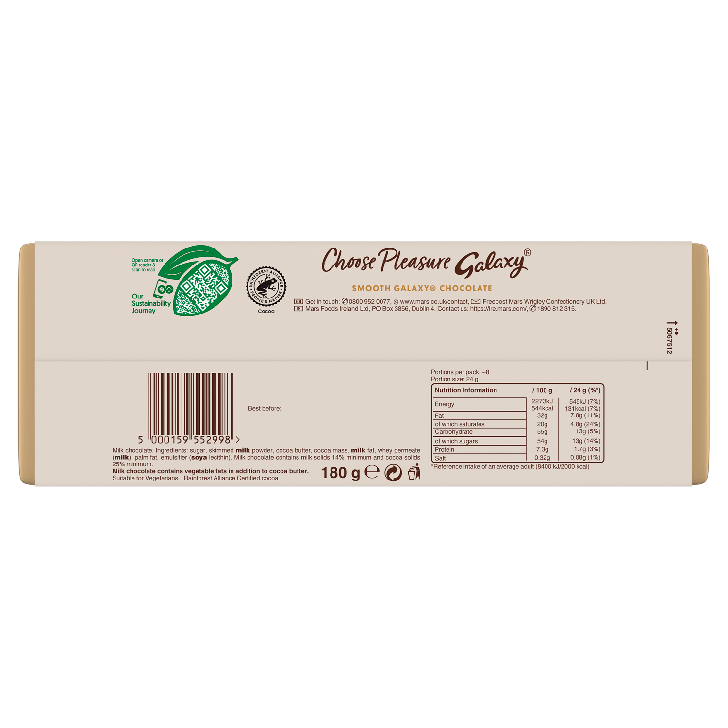 Galaxy Smooth Milk 180g - UK Food & Drink - 5000159552998