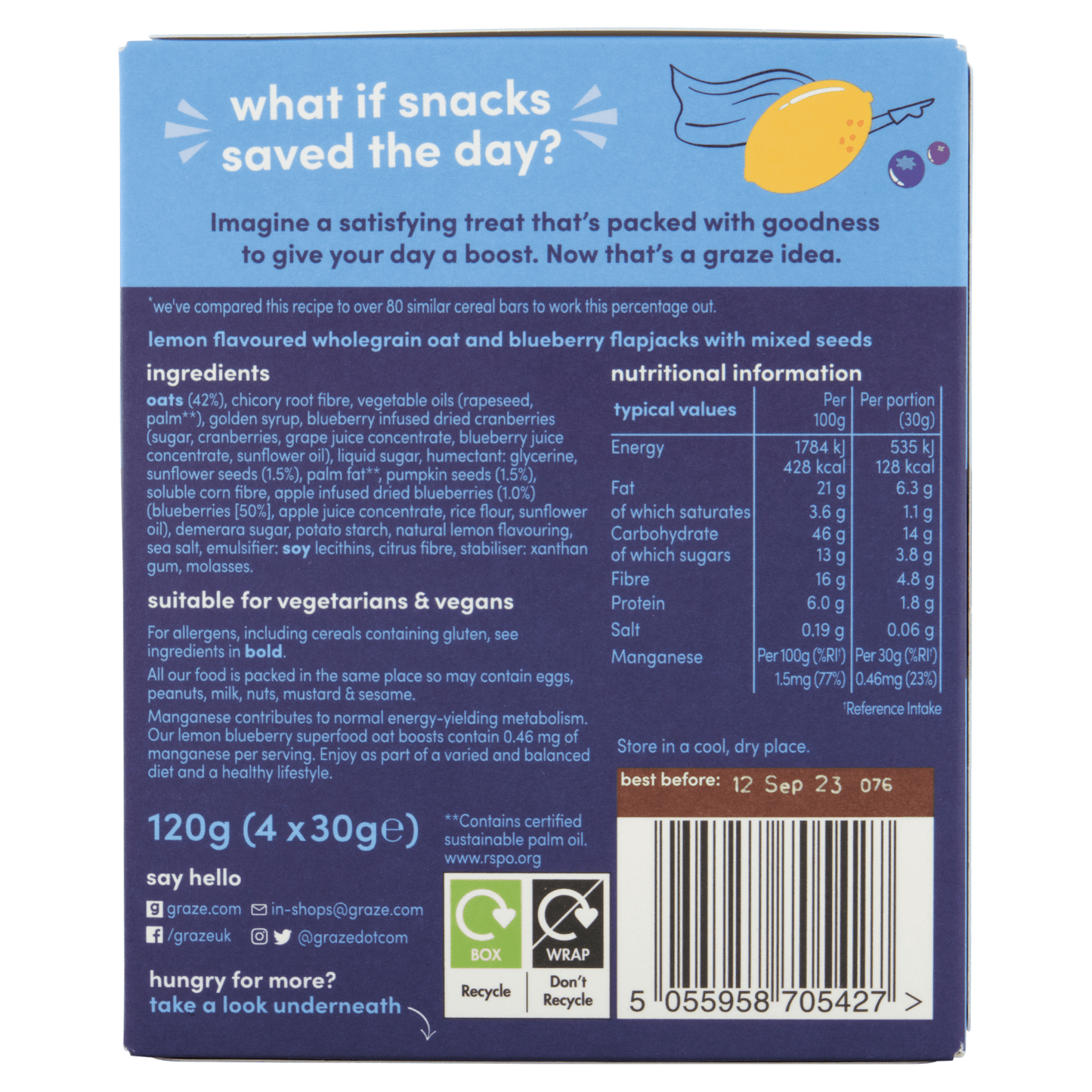 Graze Superfood Oat Boosts Lemon Blueberry 4 x 30g (120g) - UK Food & Drink - 5055958705427