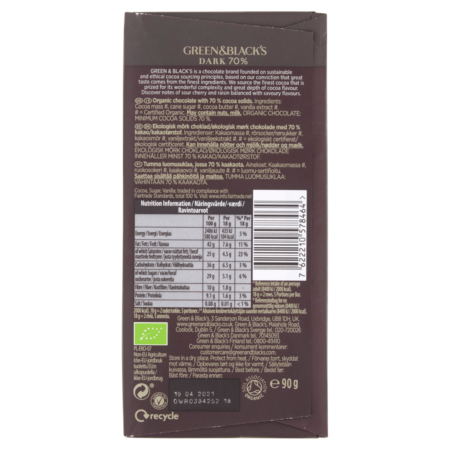 Green & Black's Organic 70% Dark Chocolate Bar 90g - UK Food & Drink - 7622210578464