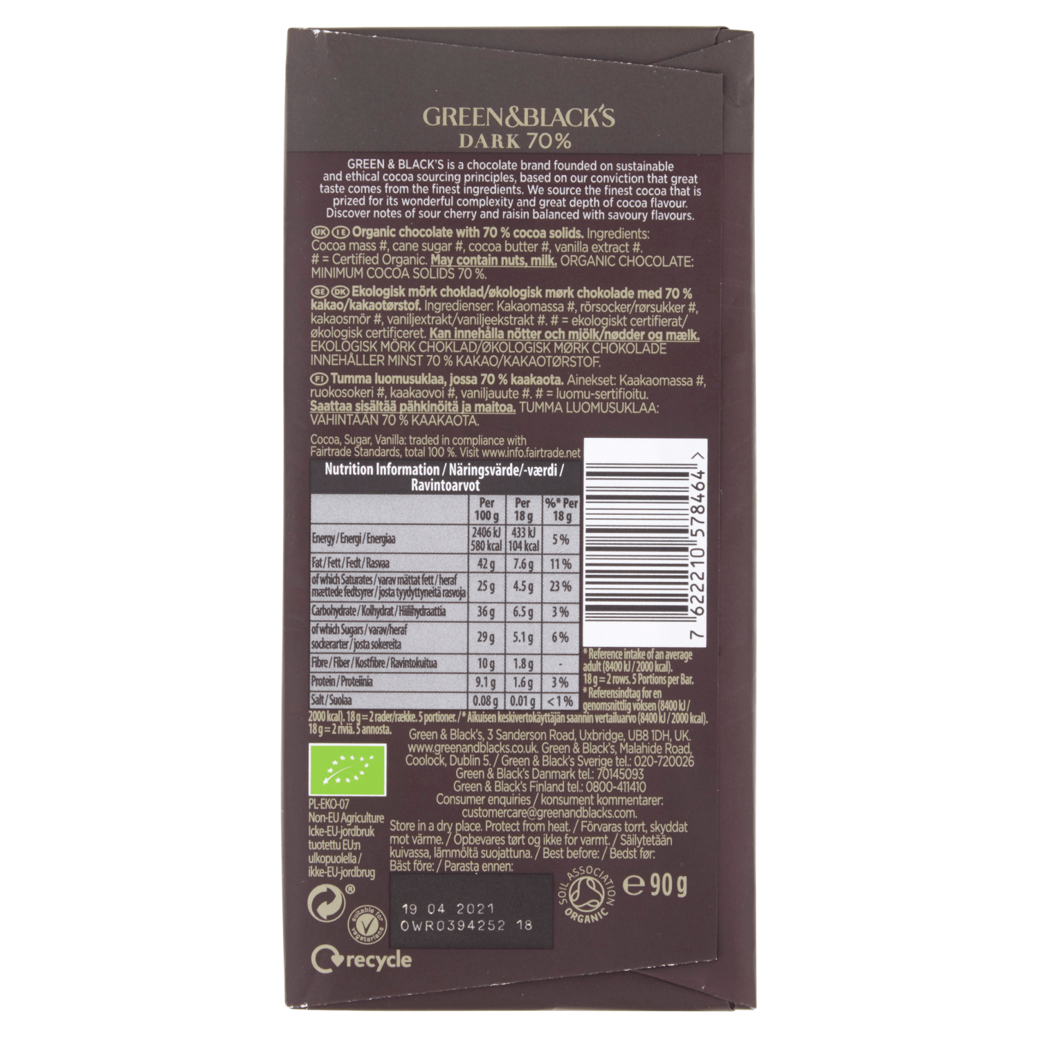 Green & Black's Organic 70% Dark Chocolate Bar 90g - UK Food & Drink - 7622210578464