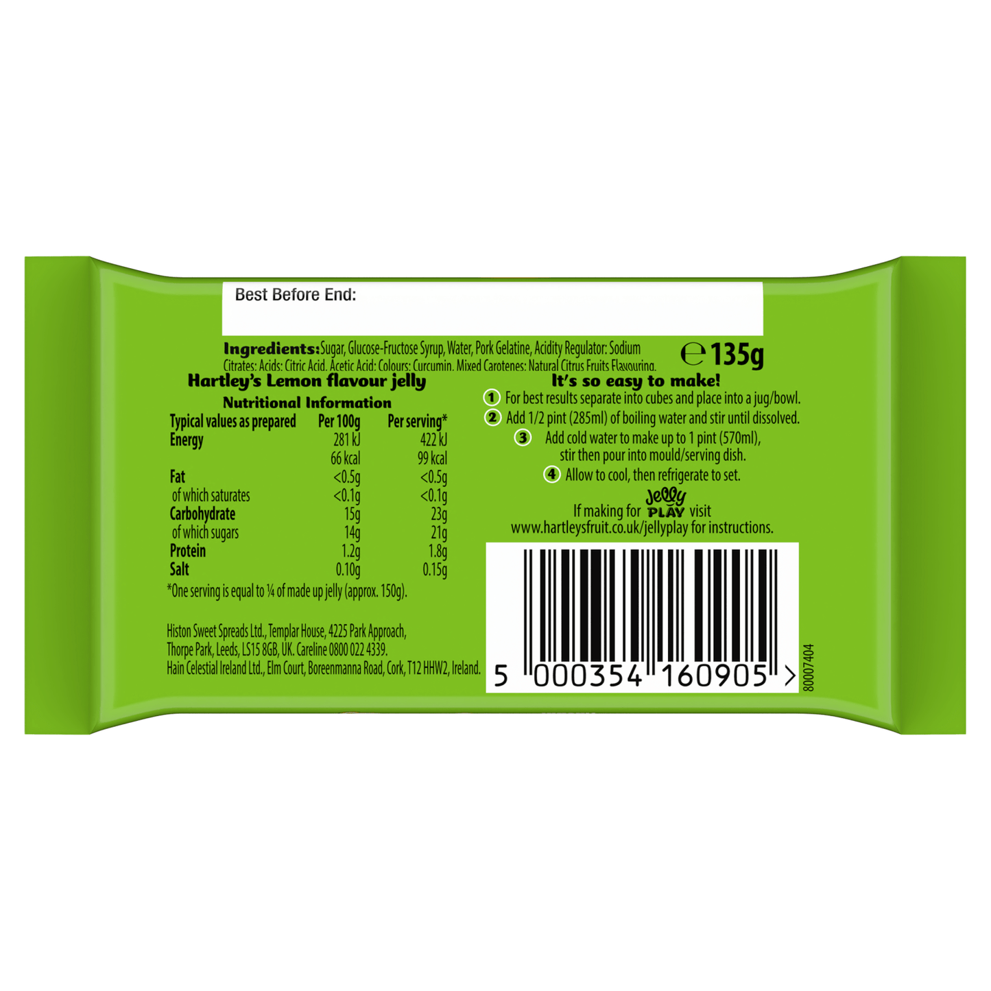 Hartley's Lemon Flavour Jelly 135g - UK Food & Drink - 5000354160905