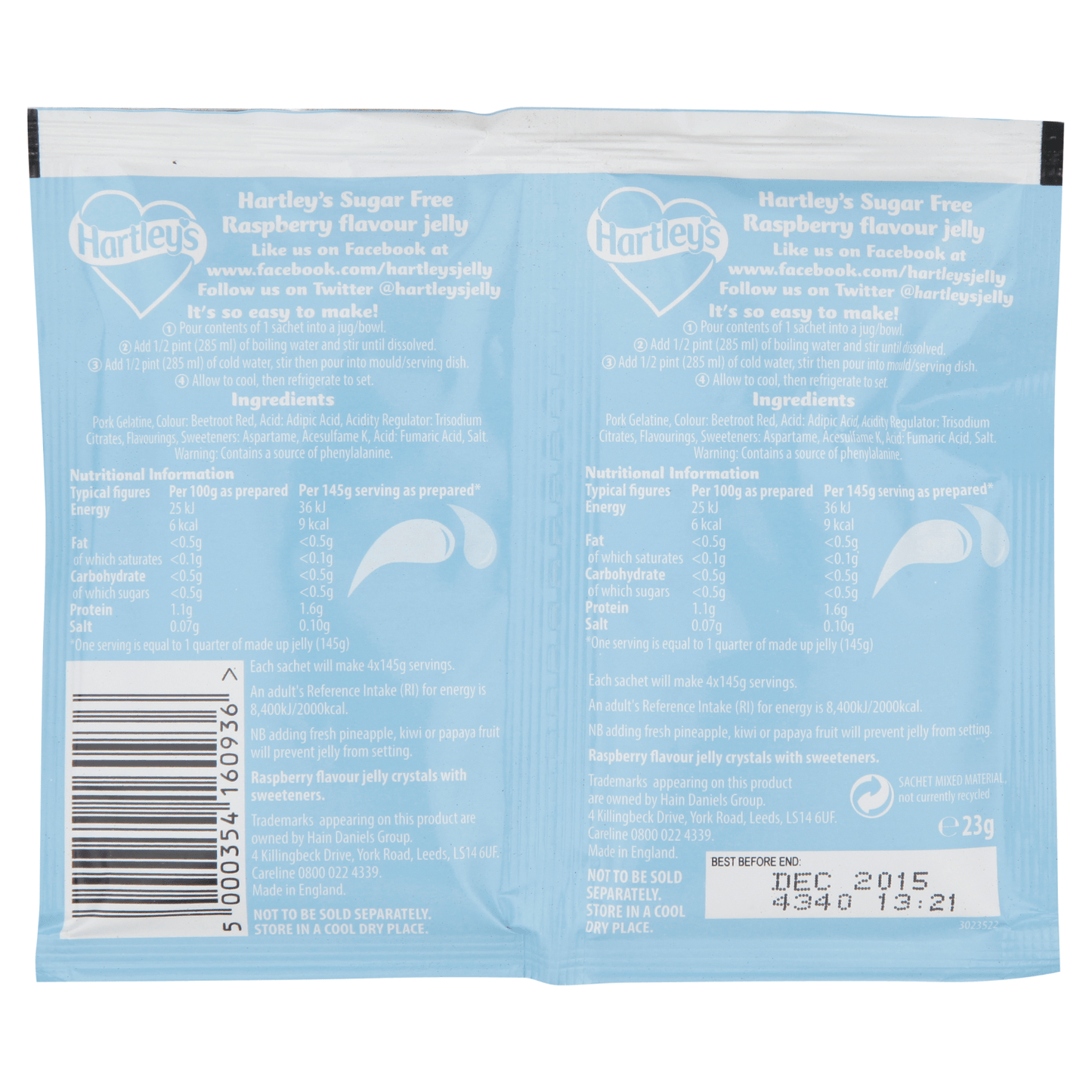 Hartley's Raspberry Flavour Jelly 2 x 11.5g (23g) - UK Food & Drink - 5000354160936