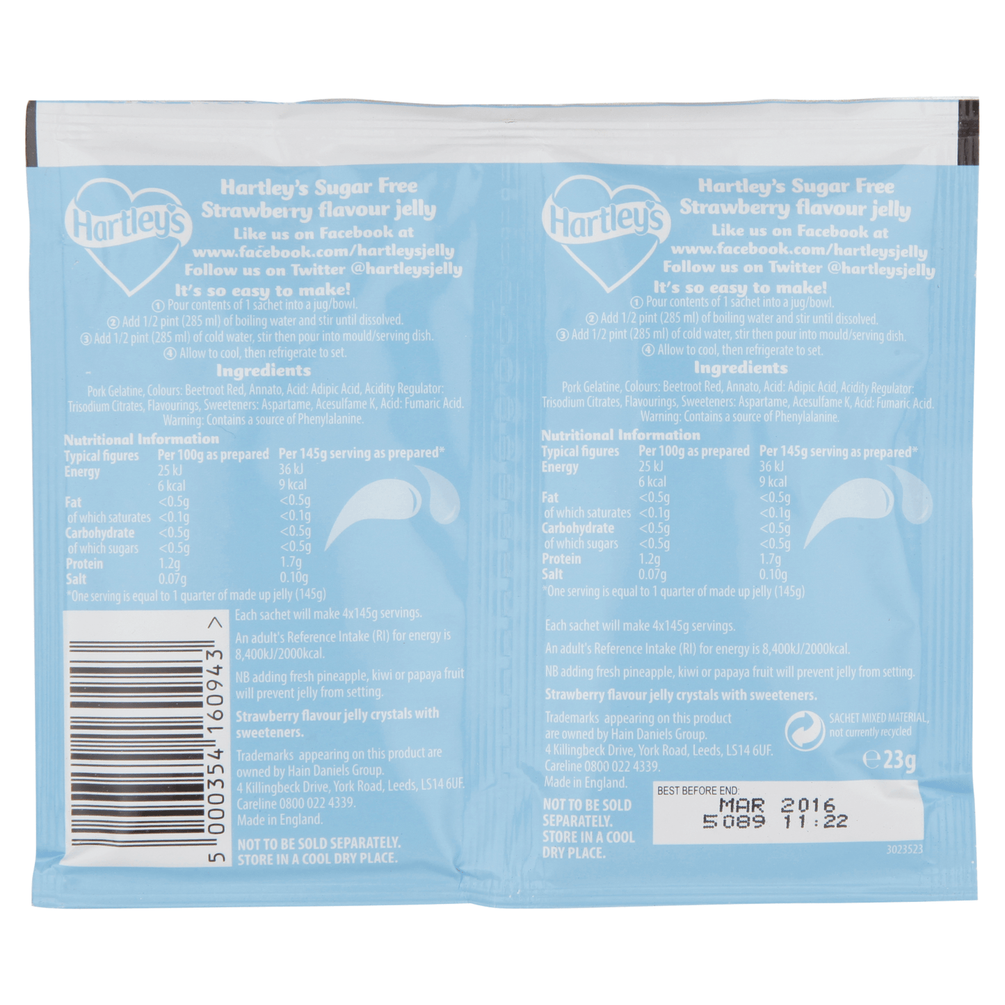 Hartley's Strawberry Flavour Jelly Sugar Free Twin Pack 23g - UK Food & Drink - 5000354160943