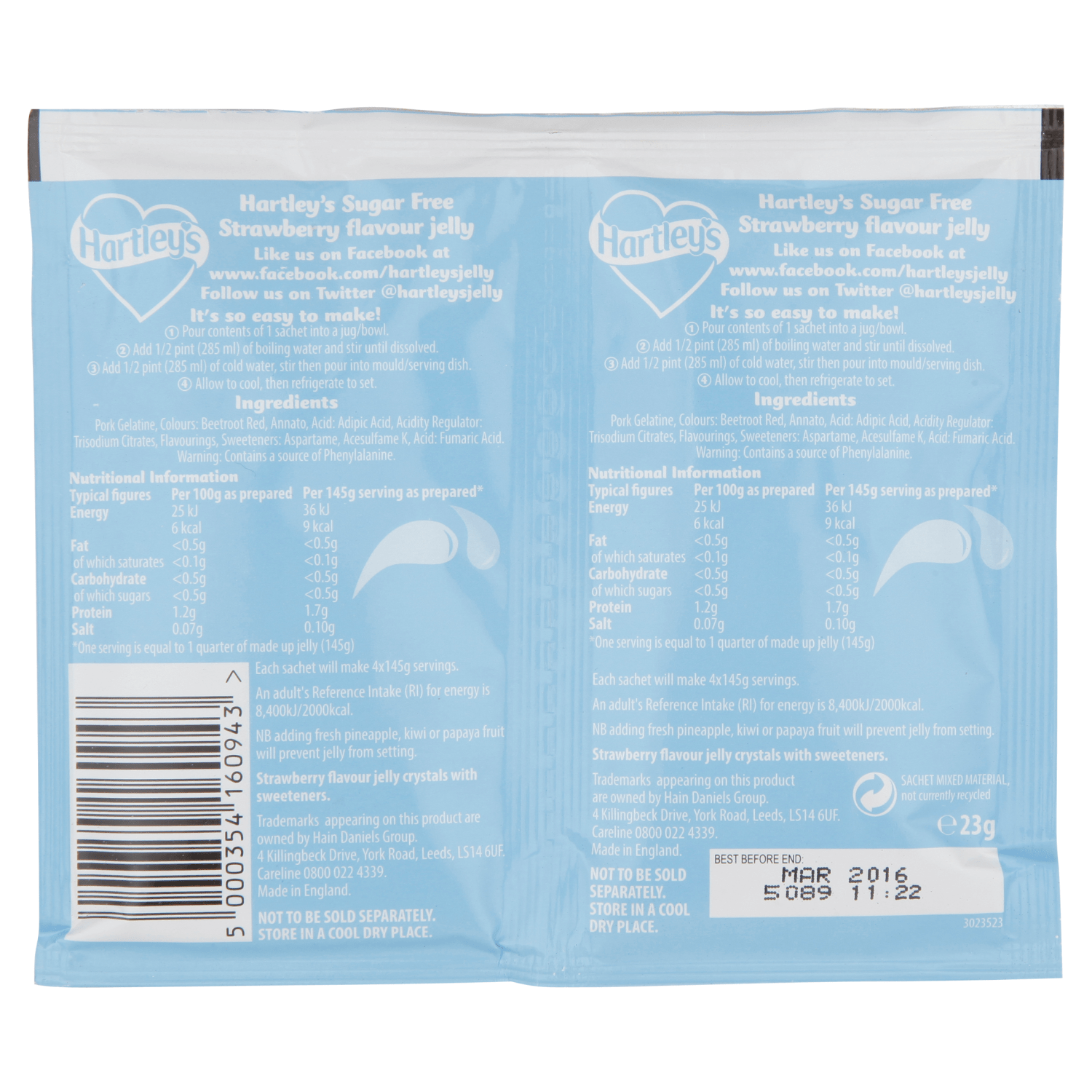 Hartley's Strawberry Flavour Jelly Sugar Free Twin Pack 23g - UK Food & Drink - 5000354160943