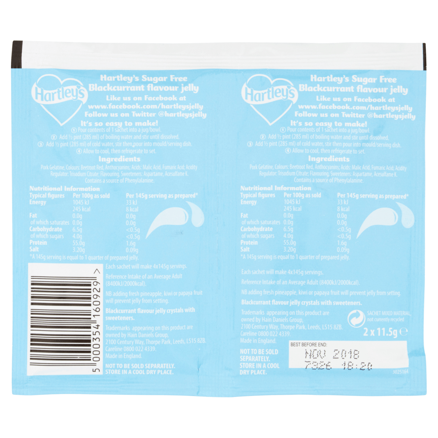 Hartley's Sugar Free Blackcurrant Flavour Jelly 2 x 11.5g - UK Food & Drink - 5000354160929