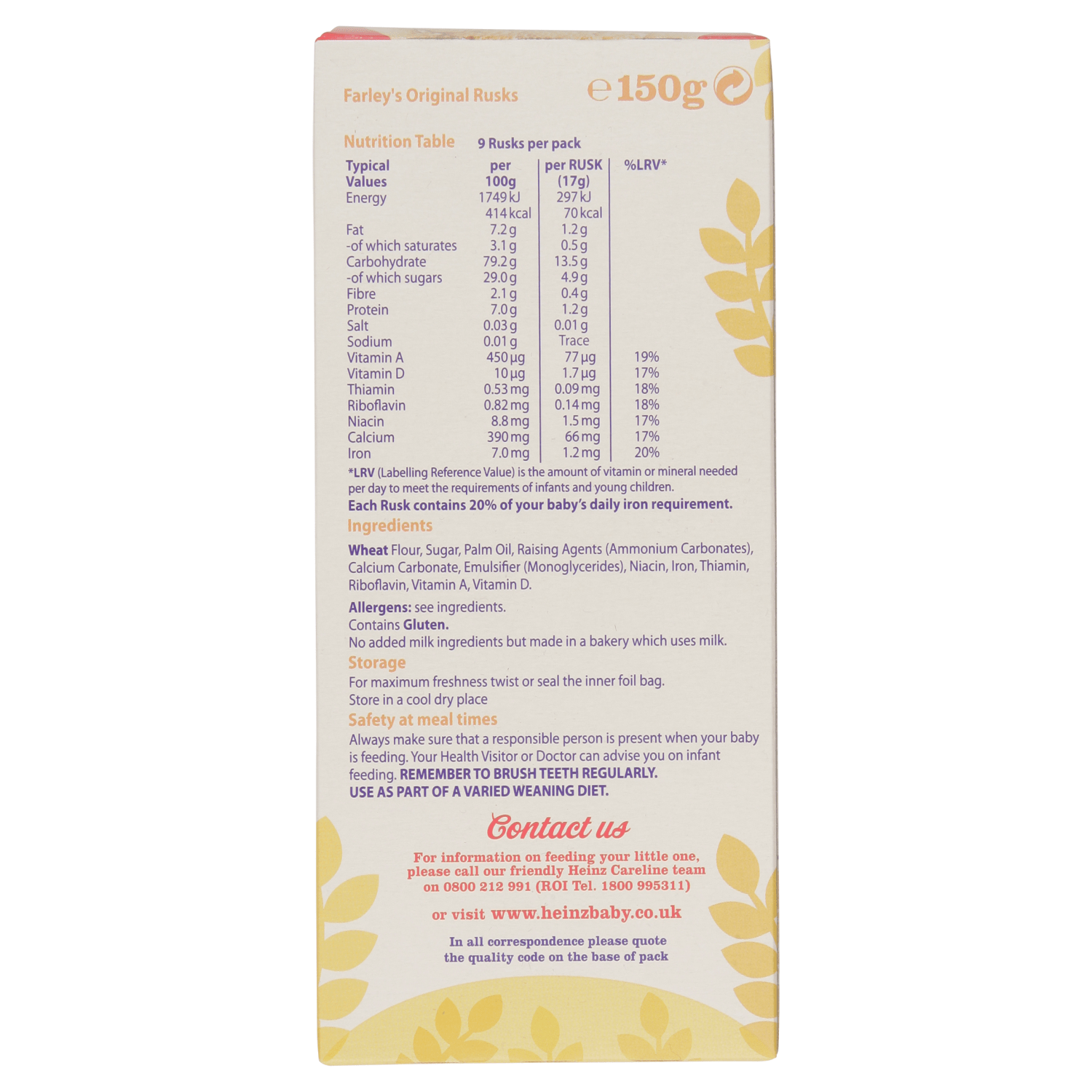 Heinz Farley's Rusks Original All Ages 4 - 6 Months Onwards 150g - UK Food & Drink - 5000218005670