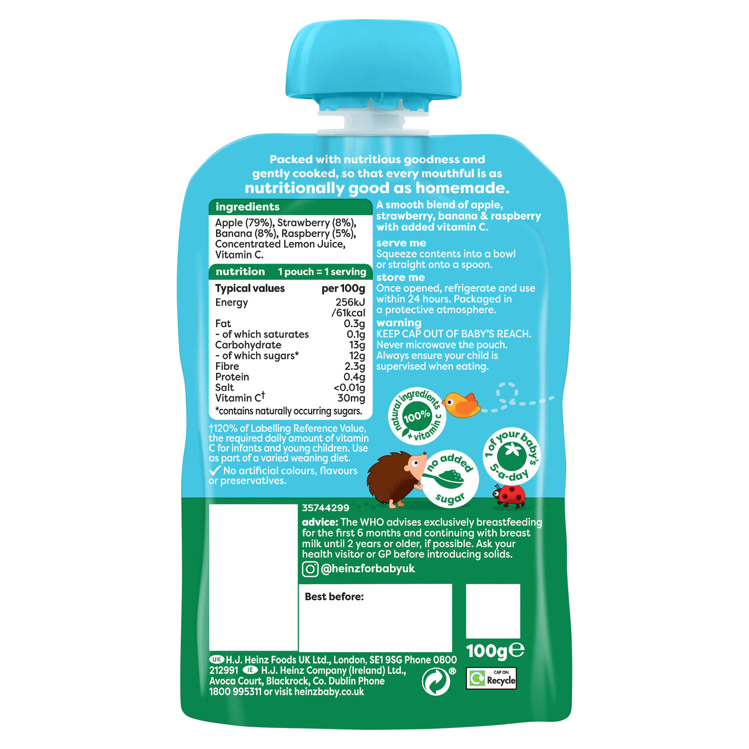 Heinz Strawberry, Banana, Raspberry & Apple Smooth Puree 6+ Months 100g - UK Food & Drink - 5000157079947