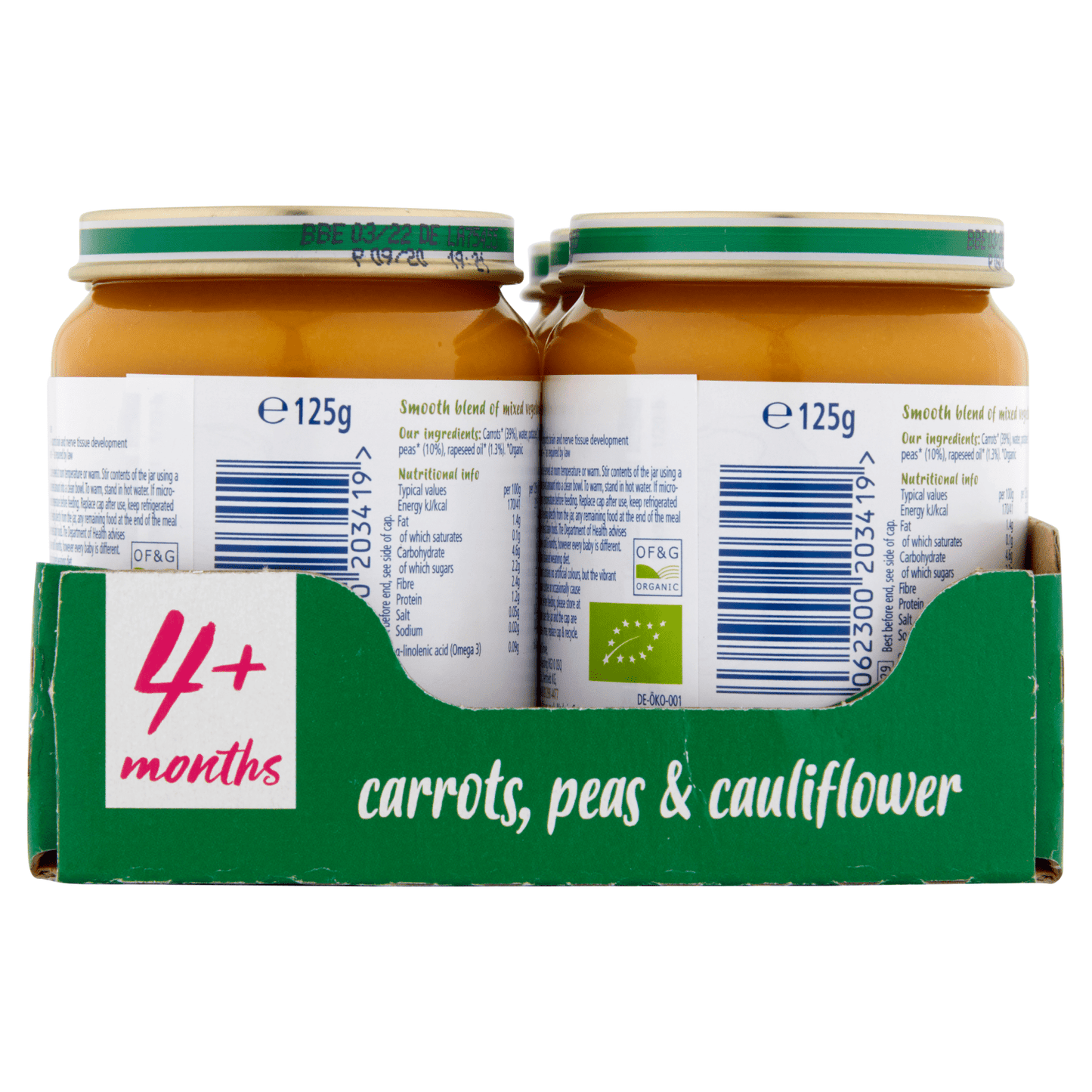 HiPP Organic Carrots, Peas & Cauliflower Baby Food Jar 4+ Months 125g - UK Food & Drink - 4062300203419