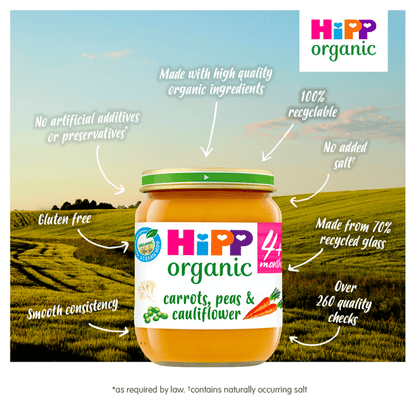 HiPP Organic Carrots, Peas & Cauliflower Baby Food Jar 4+ Months 125g - UK Food & Drink - 4062300203419