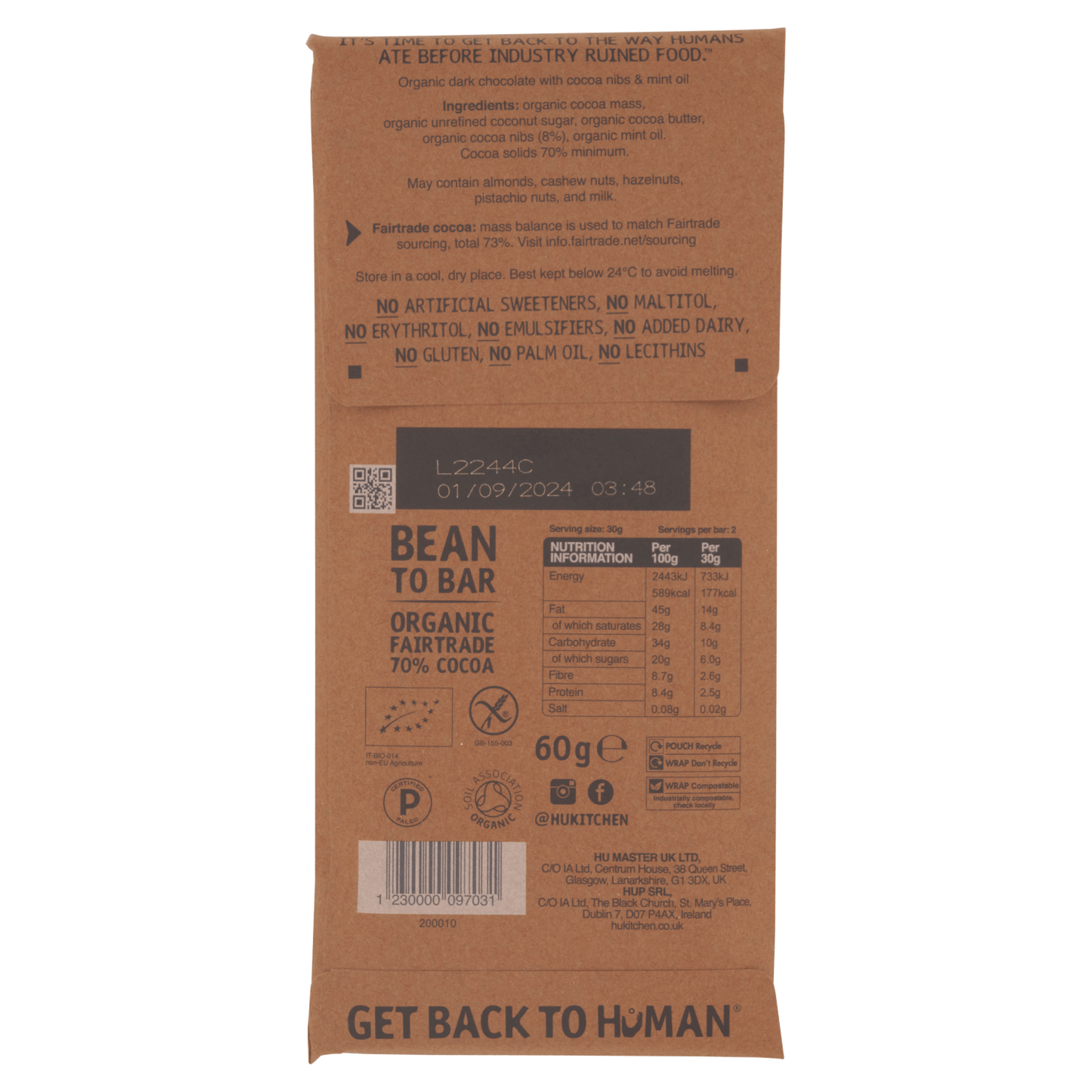 Hu Crunchy Mint Dark Chocolate 60g - UK Food & Drink - 1230000097031