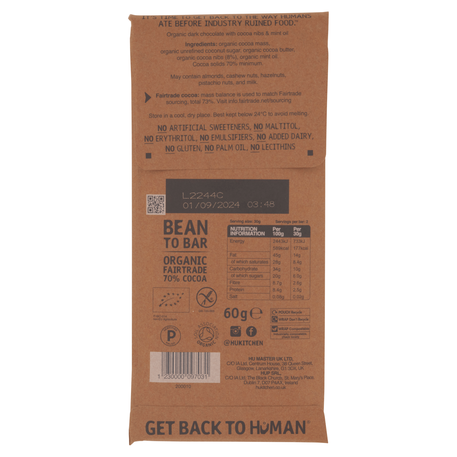 Hu Crunchy Mint Dark Chocolate 60g - UK Food & Drink - 1230000097031