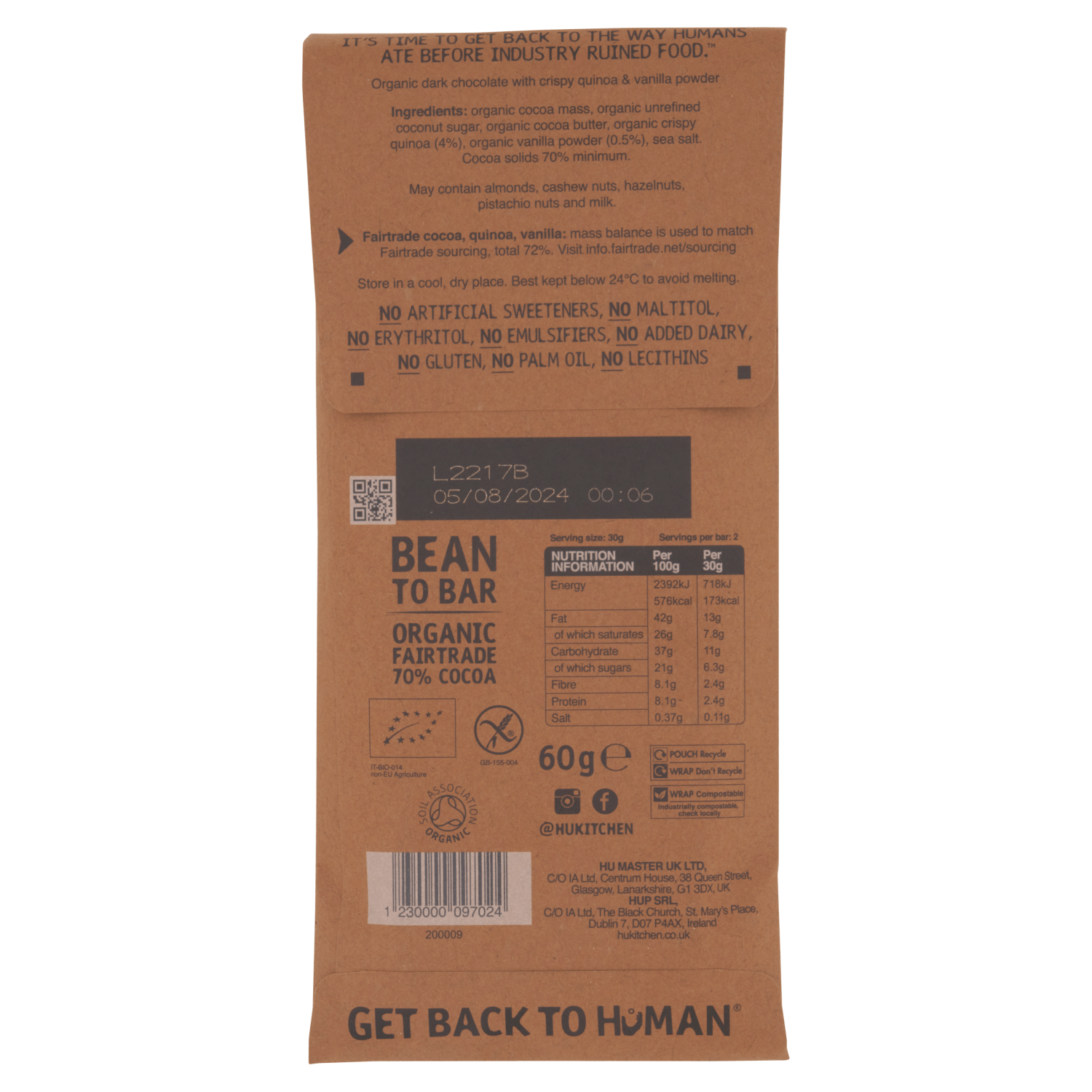 Hu Vanilla Crunch Dark Chocolate 60g - UK Food & Drink - 1230000097024