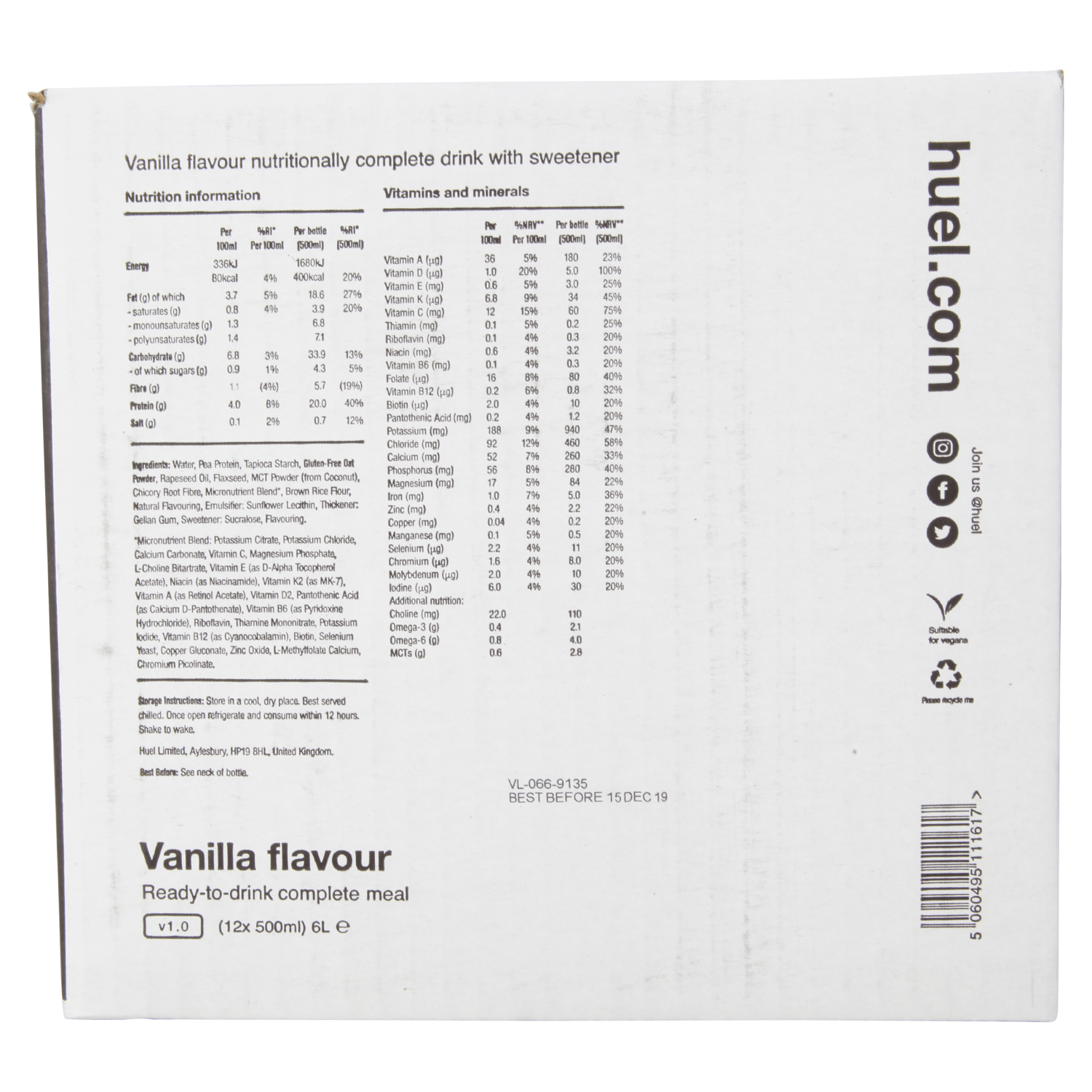 Huel Ready - to - drink Vanilla Flavour 500ml - UK Food & Drink - 5060495111587