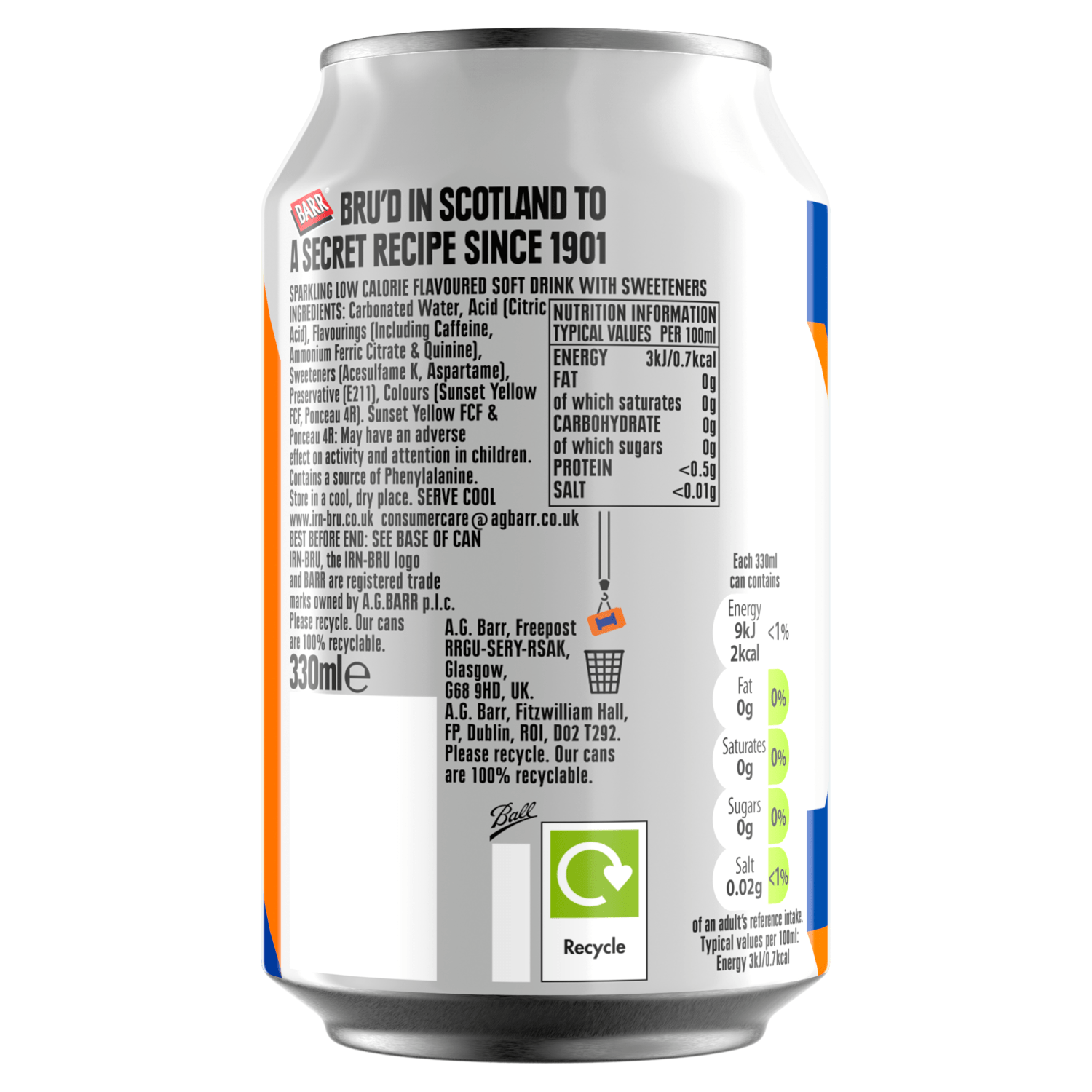 IRN - BRU Sugar Free Can 330ml - UK Food & Drink - 50107223