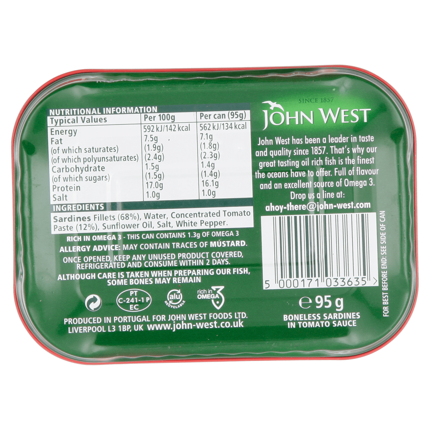 John West Boneless Sardines in Tomato Sauce 95g - UK Food & Drink - 5000171033635