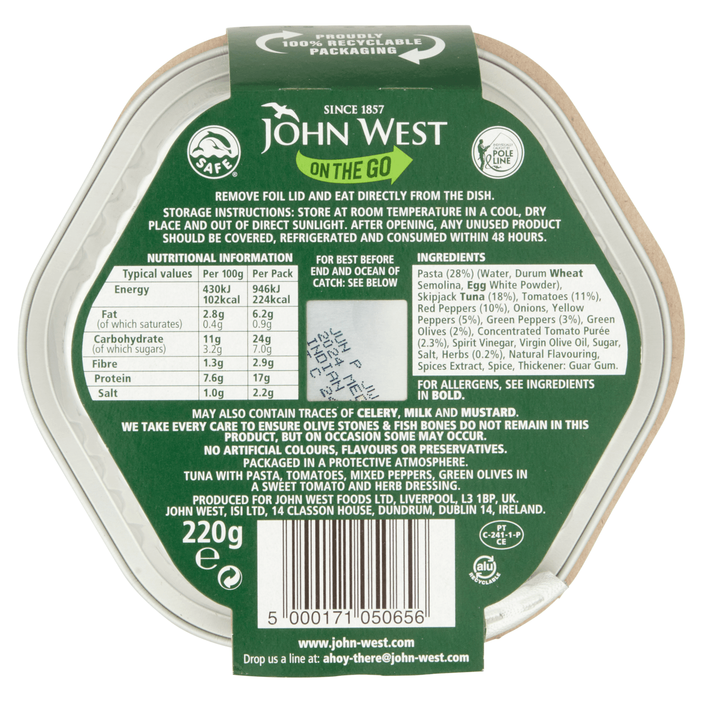 John West On the Go Light Mediterranean Tuna Pasta Salad 220g - UK Food & Drink - 5000171050656