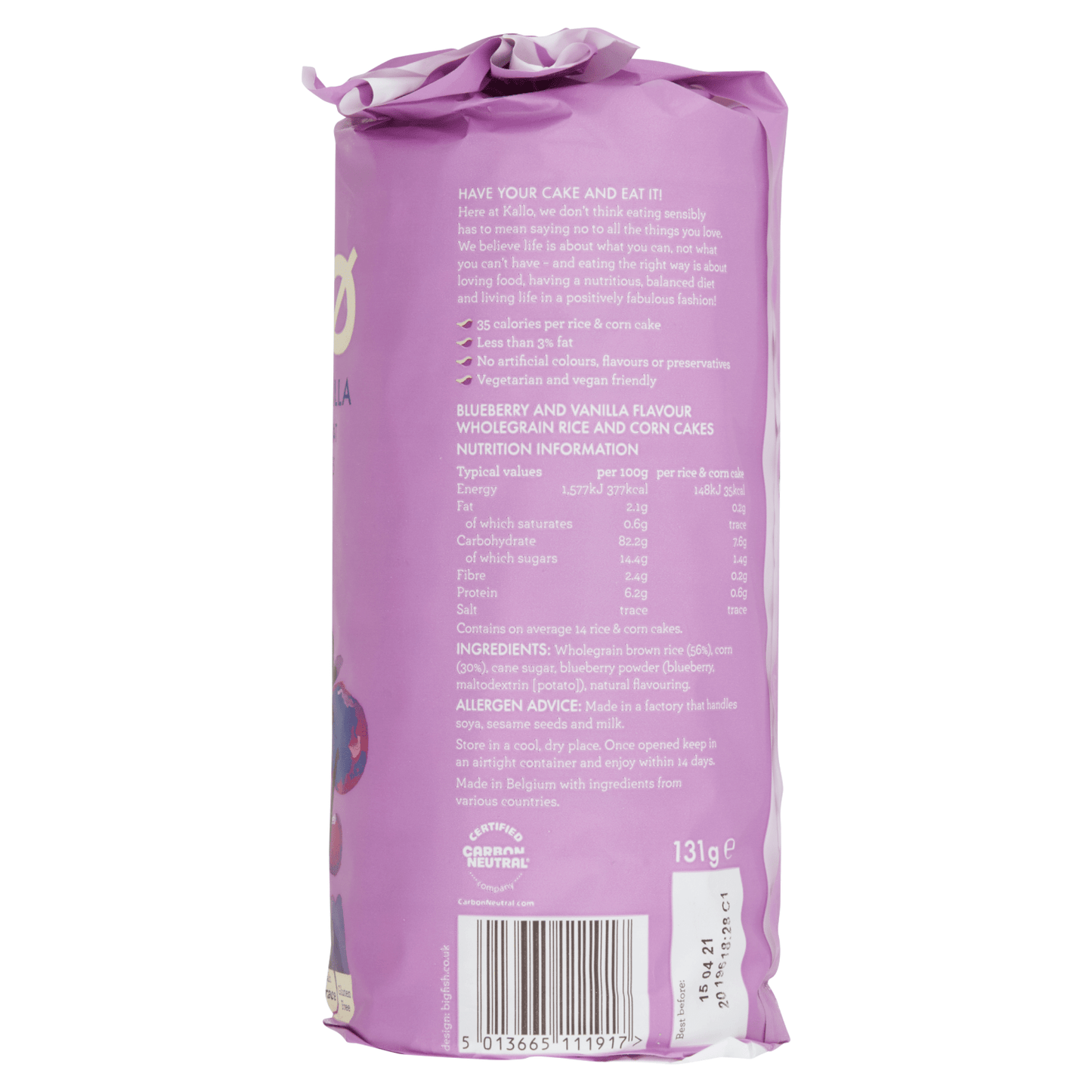 Kallo Blueberry & Vanilla Wholegrain Rice & Corn Cakes 131g - UK Food & Drink - 5013665111917