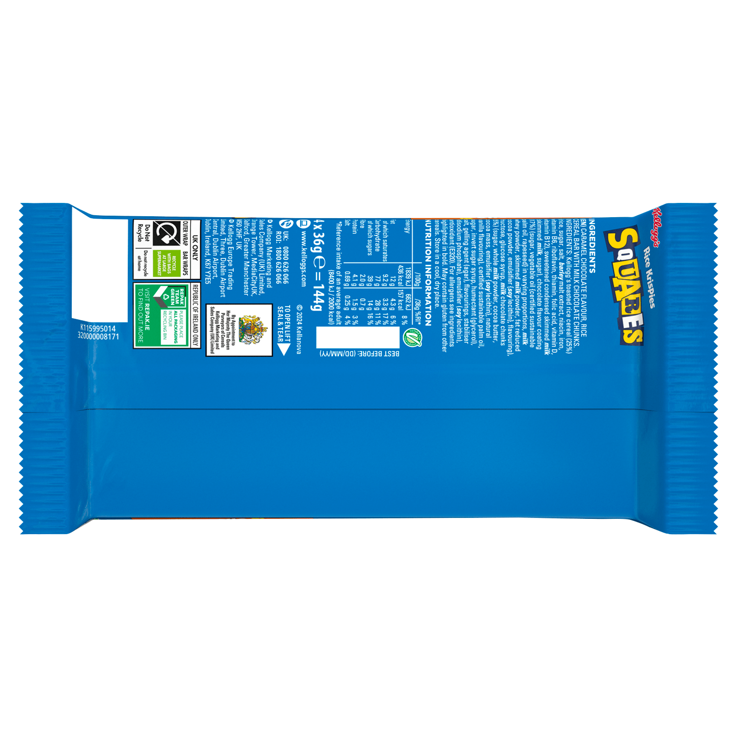 Kellogg's Squares Rice Krispies Caramel & Chocolate 4 x 36g (144g) - UK Food & Drink - 5000127730175