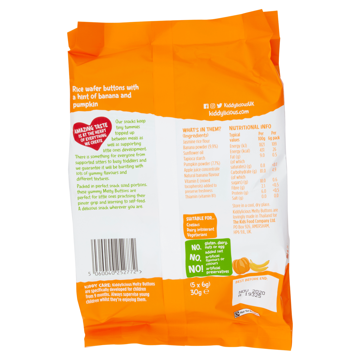 Kiddylicious Banana & Pumpkin Melty Buttons 9+ Months 5 x 6g (30g) - UK Food & Drink - 5060040252772