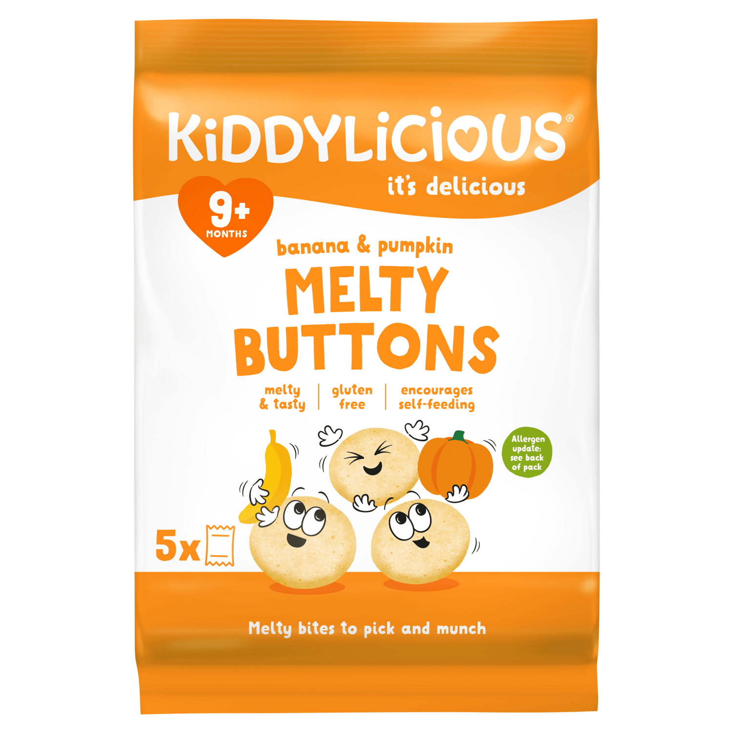Kiddylicious Banana & Pumpkin Melty Buttons 9+ Months 5 x 6g (30g) - UK Food & Drink - 5060040252772