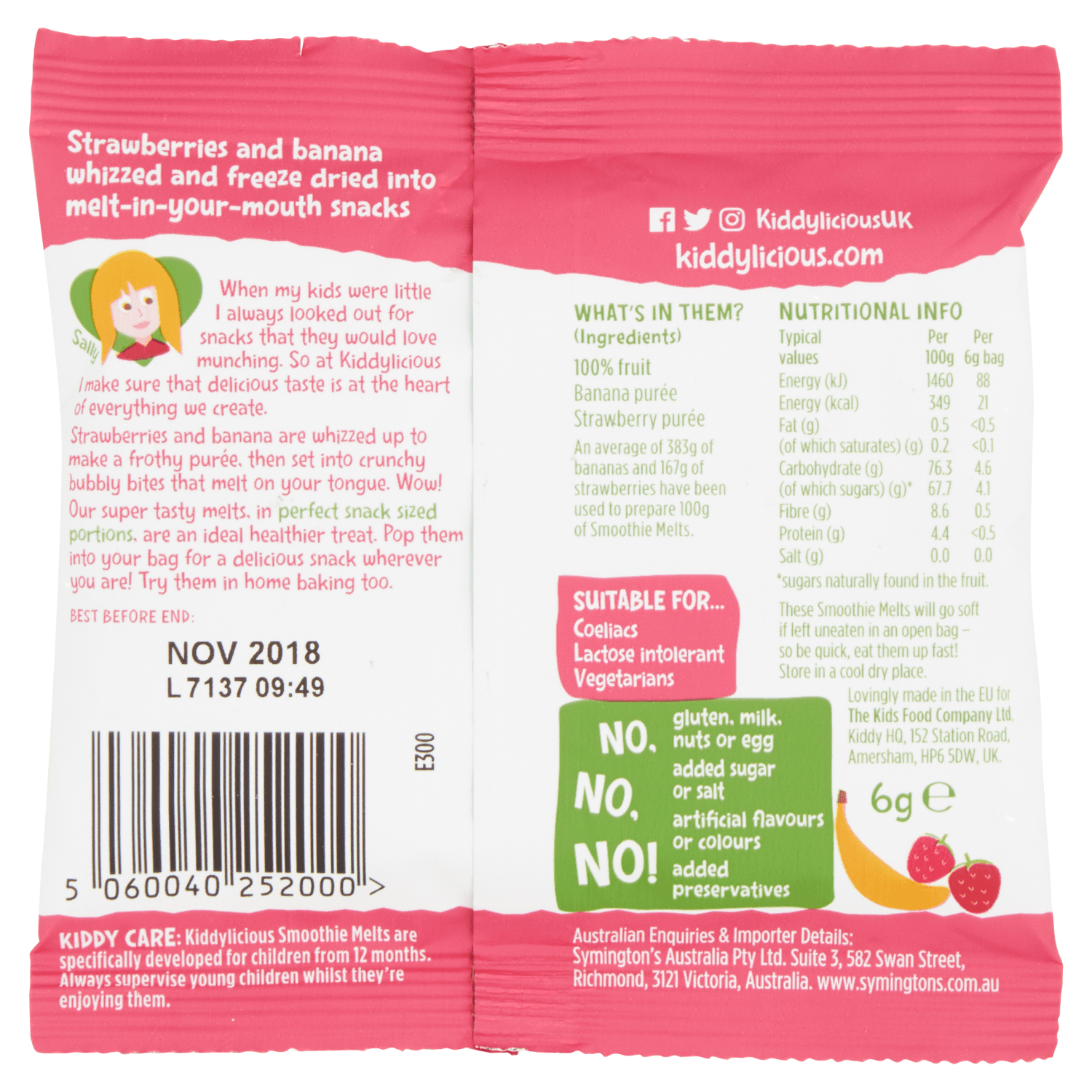 Kiddylicious Strawberry & Banana Smoothie Melts Baby Snacks 6g - UK Food & Drink - 5060040252000