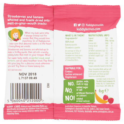 Kiddylicious Strawberry & Banana Smoothie Melts Baby Snacks 6g - UK Food & Drink - 5060040252000