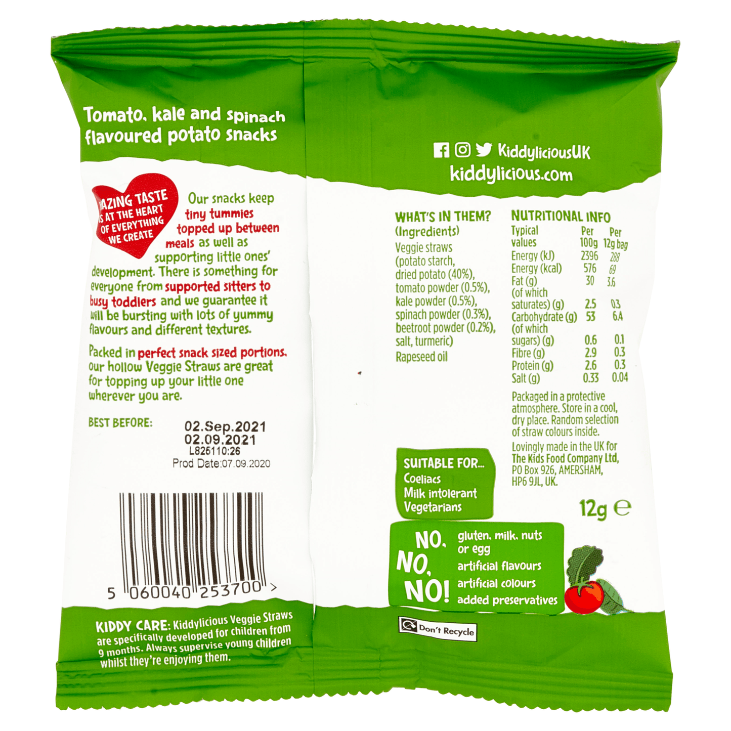 Kiddylicious Veggie Straws 9+ Months 12g - UK Food & Drink - 5060040253700