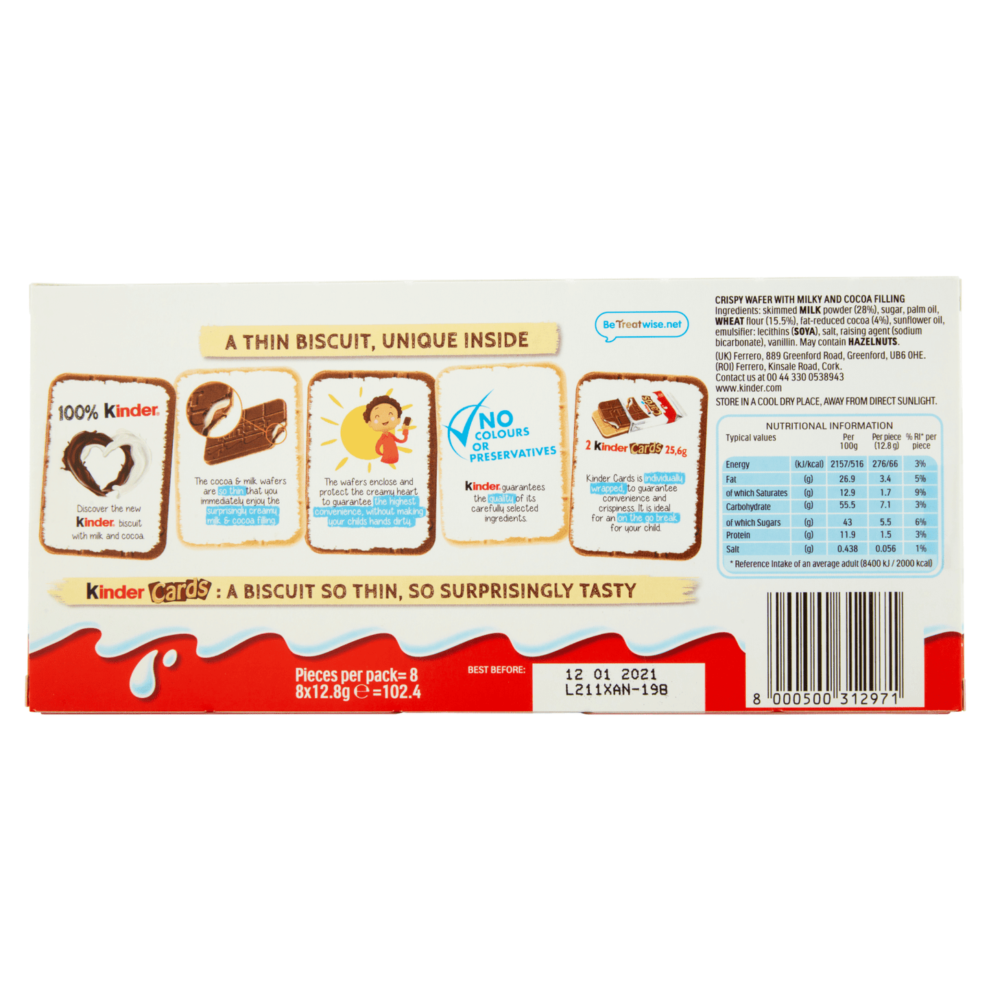 Kinder Cards Incredibly Thin Cocoa and Milk Wafers 8 x 12.8g (102.4g) - UK Food & Drink - 8000500312971