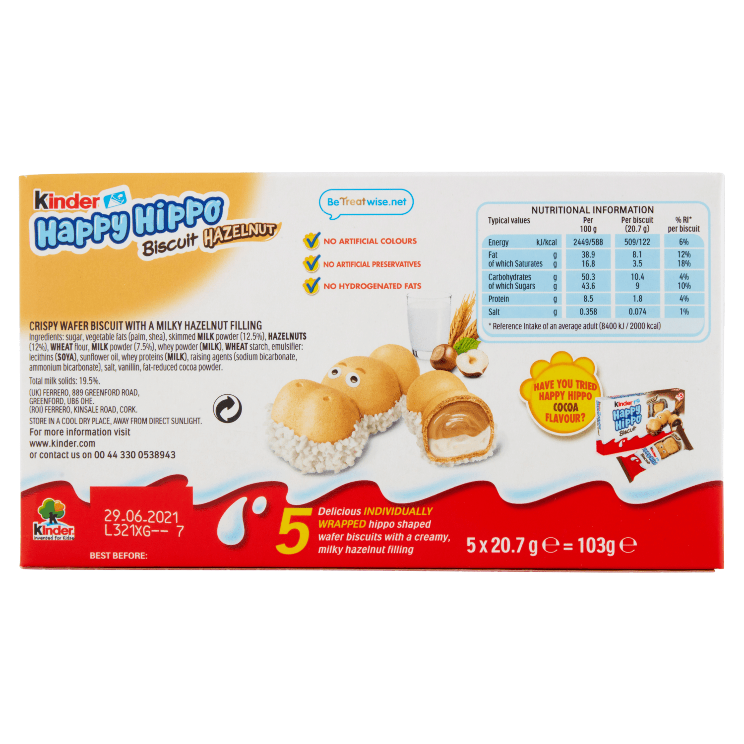 Kinder Happy Hippo Milk Chocolate and Hazelnut Biscuits Multipack 5 x 20.7g (103g) - UK Food & Drink - 80136194