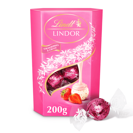 Lindt Lindor Strawberries & Cream Chocolate Truffles Box 200g - UK Food & Drink - 8003340097619