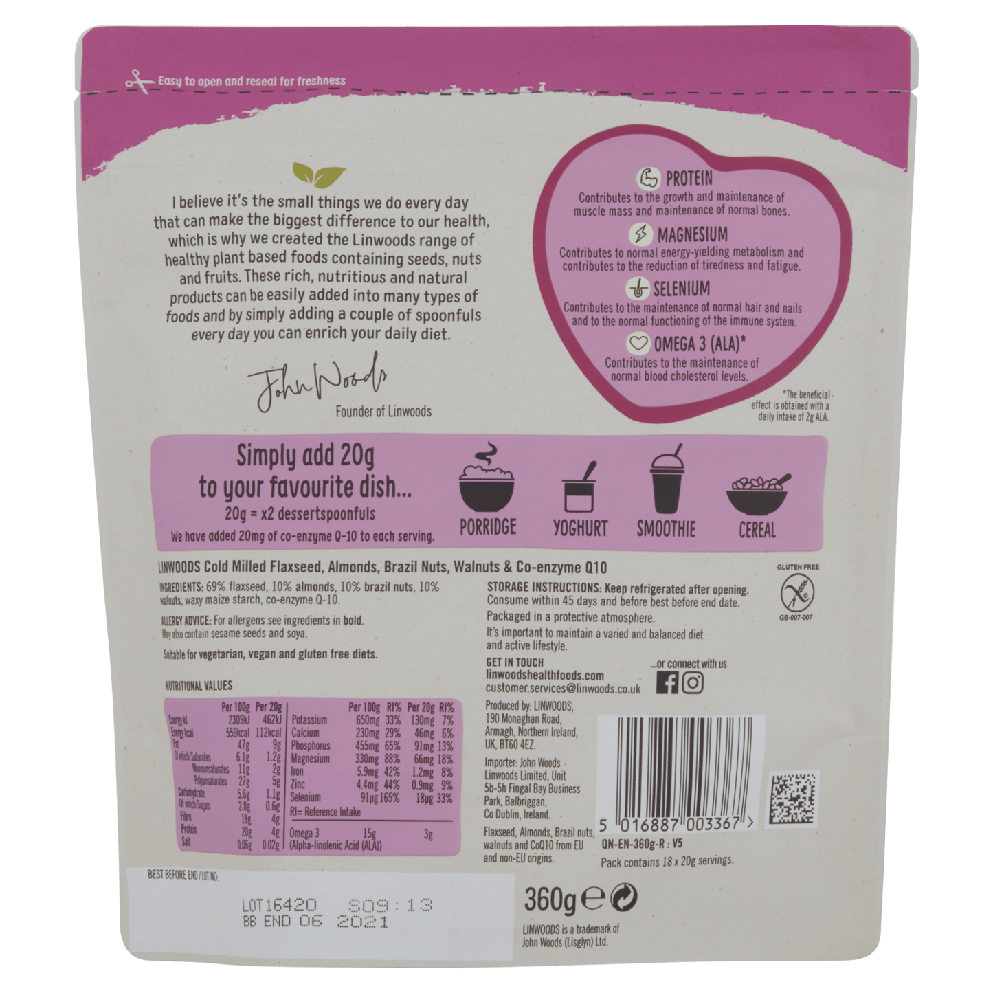 Linwoods Cold Milled Flaxseed, Almonds, Brazil Nuts, Walnuts & CoQ10 360g - UK Food & Drink - 5016887003367