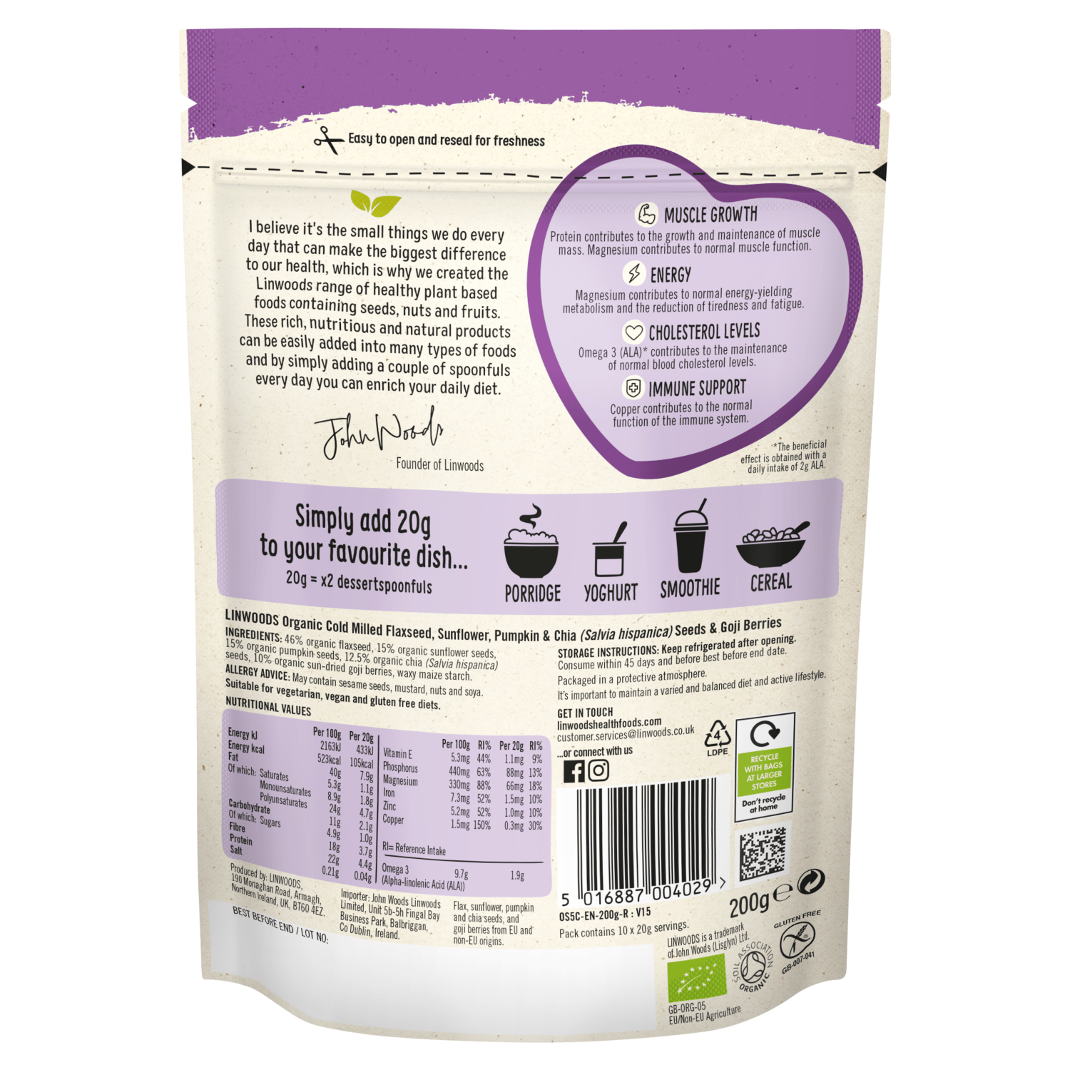 Linwoods Organic Cold Milled Flaxseed, Sunflower, Pumpkin & Chia Seeds & Goji Berries 200g - UK Food & Drink - 5016887004029