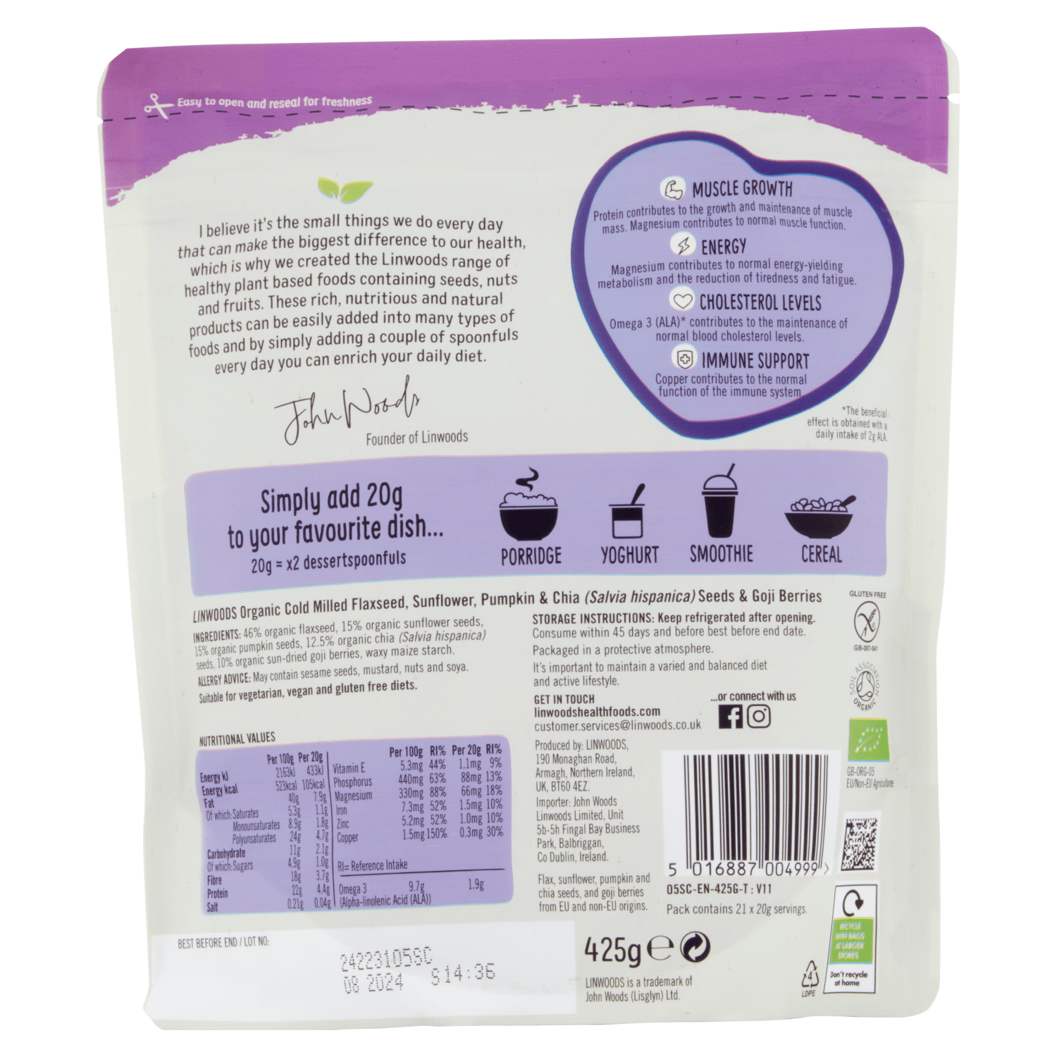 Linwoods Organic Cold Milled Flaxseed, Sunflower, Pumpkin & Chia Seeds & Goji Berries 425g - UK Food & Drink - 5016887004999