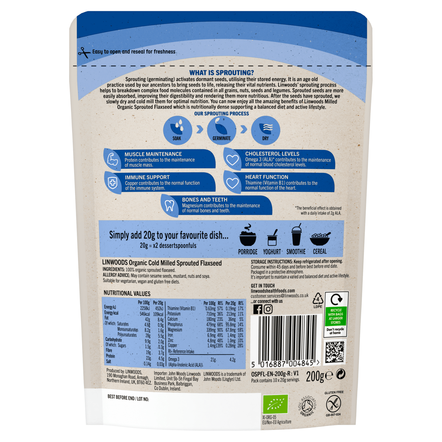 Linwoods Organic Cold Milled Sprouted Flaxseed 200g - UK Food & Drink - 5016887004845