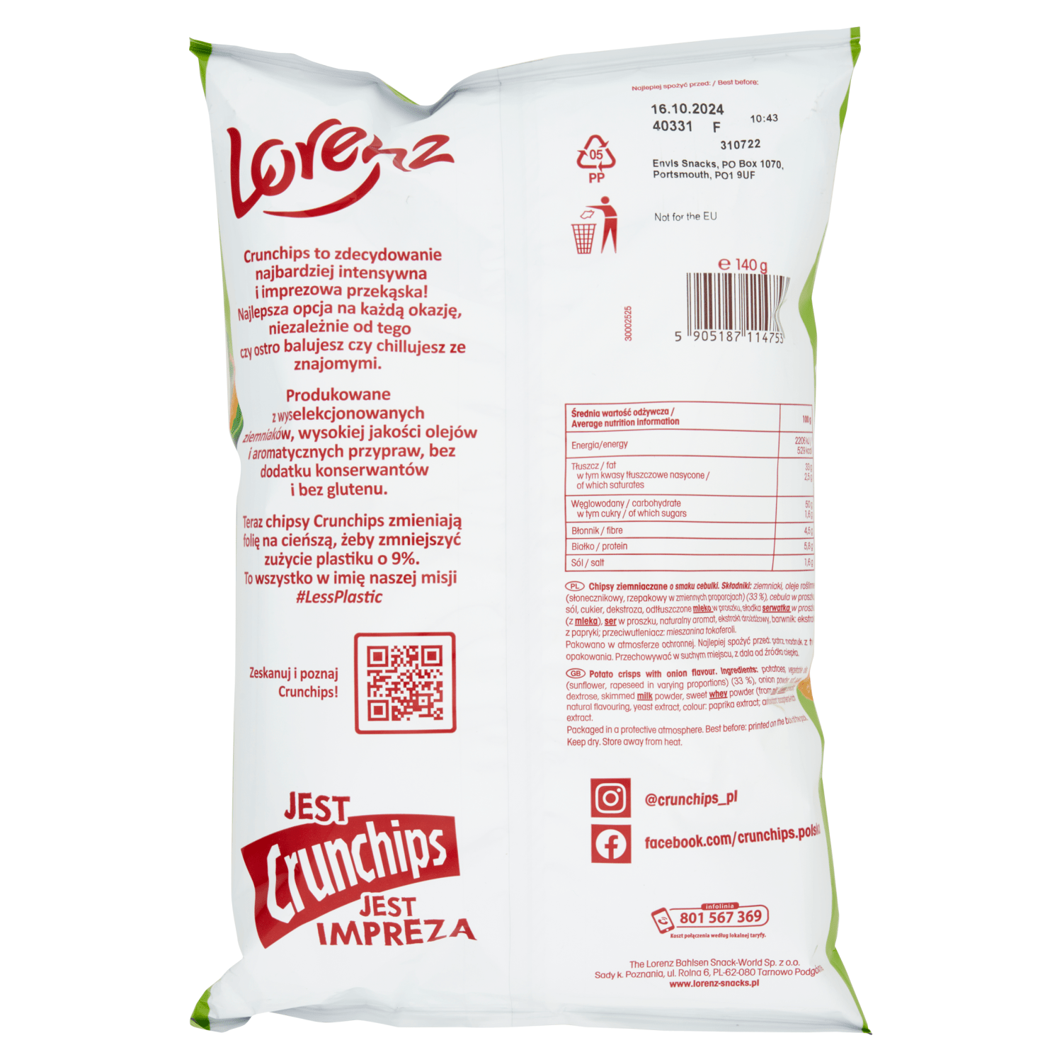 Lorenz Crunchips Potato Crisps with Onion Flavour 140g - UK Food & Drink - 5905187114753