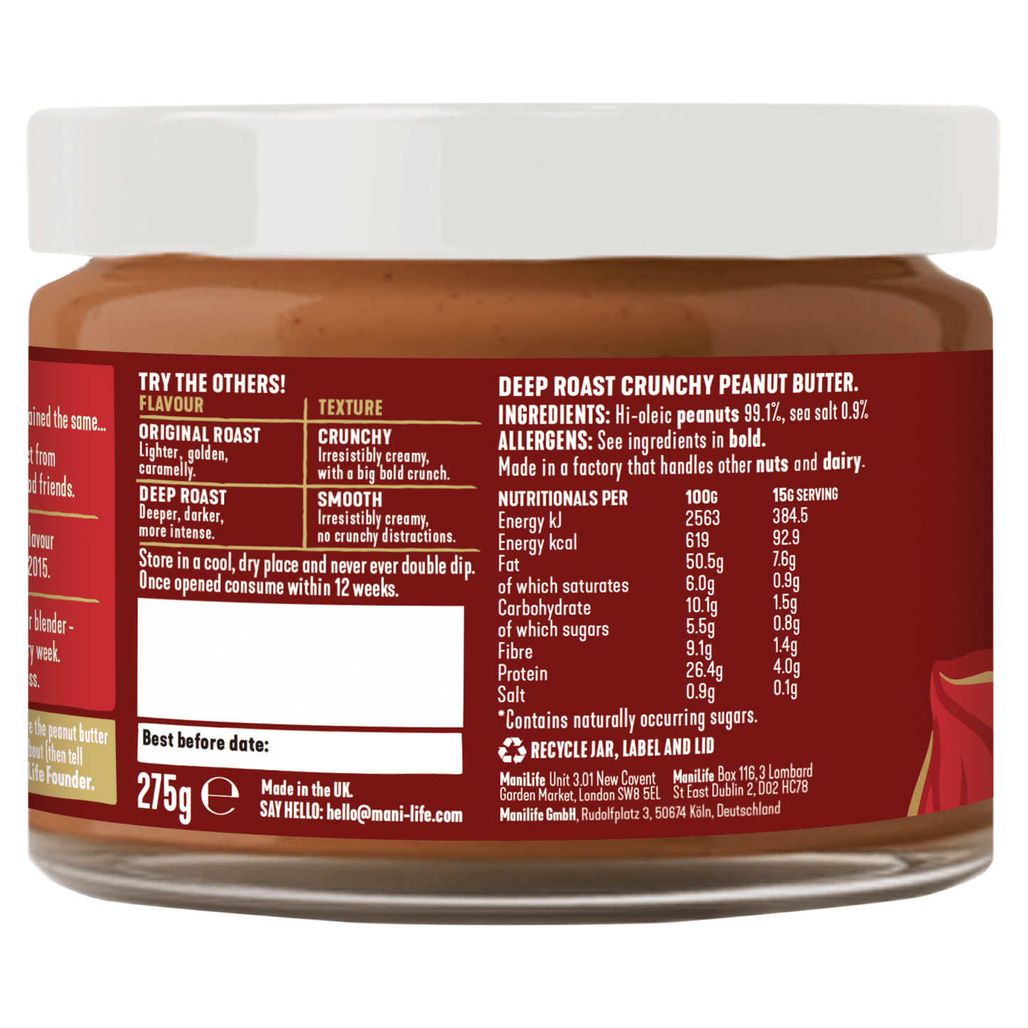 ManiLife Deep Roast Crunchy Peanut Butter 275g - UK Food & Drink - 5060560280811
