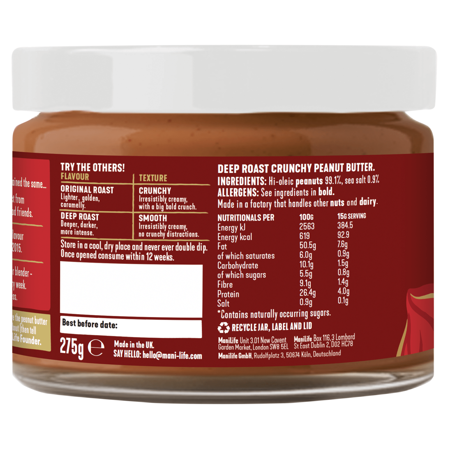 ManiLife Deep Roast Crunchy Peanut Butter 275g - UK Food & Drink - 5060560280811