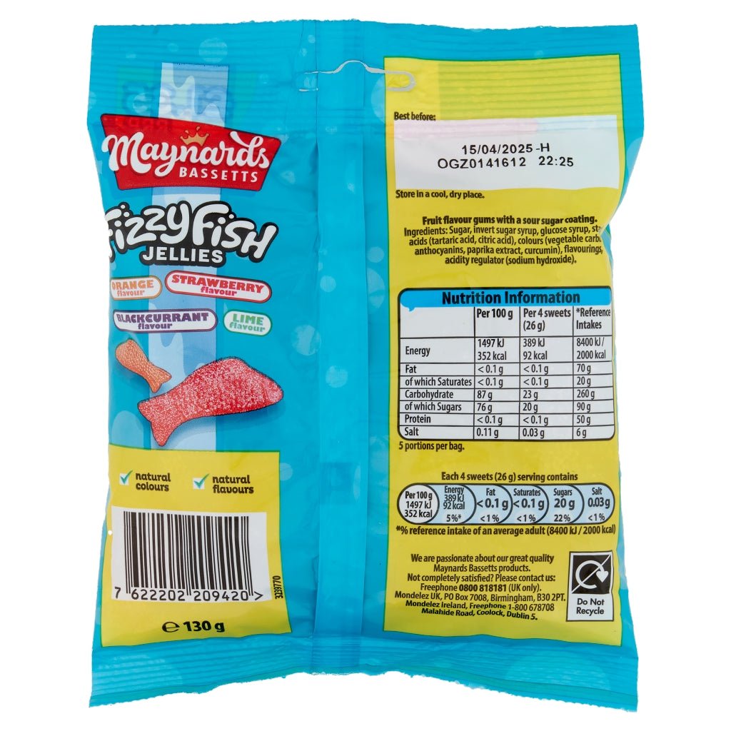 Maynards Bassetts Fizzy Fish Jellies 130g - UK Food & Drink - 7622202209420
