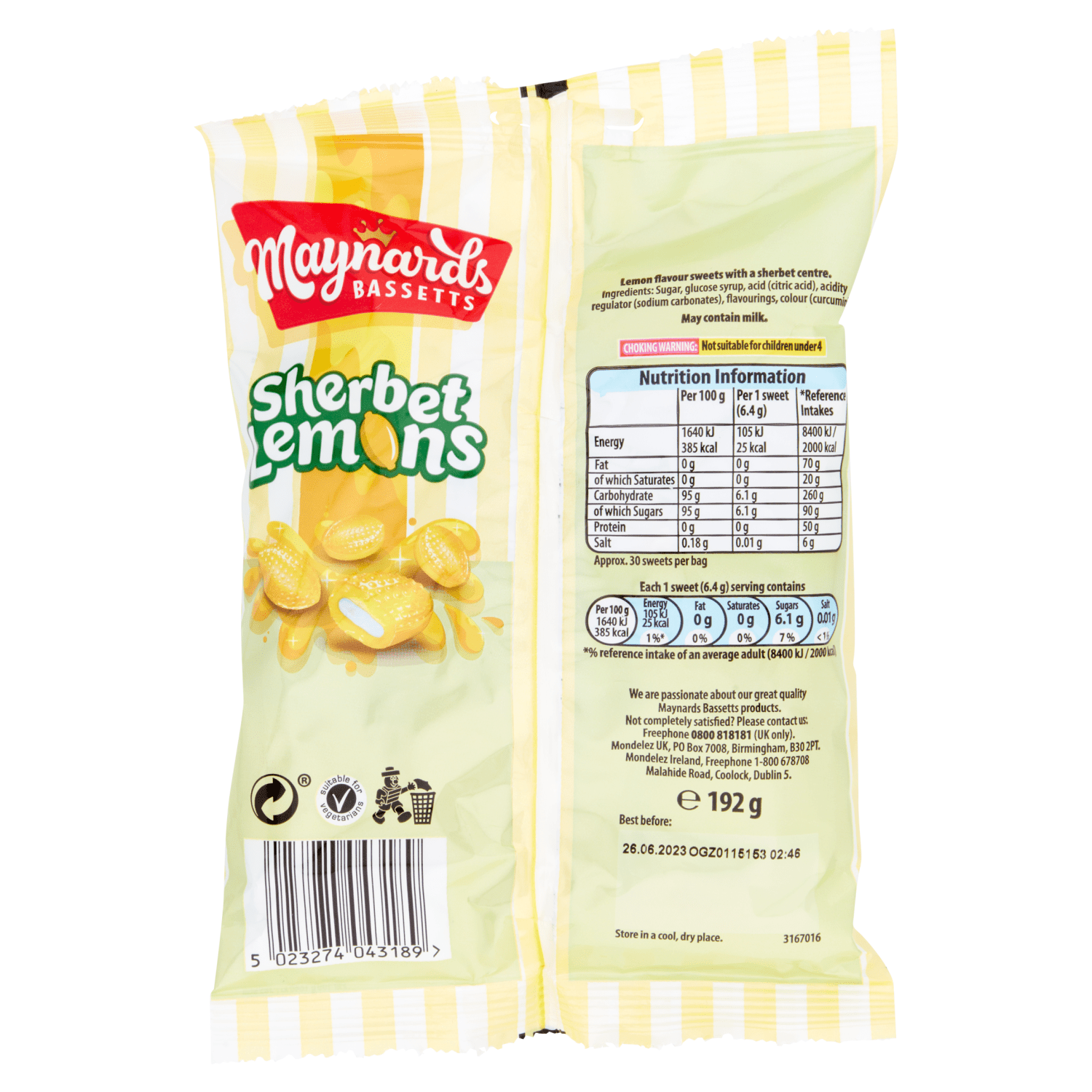 Maynards Bassetts Sherbet Lemons Sweets Bag 192g - UK Food & Drink - 5023274043189