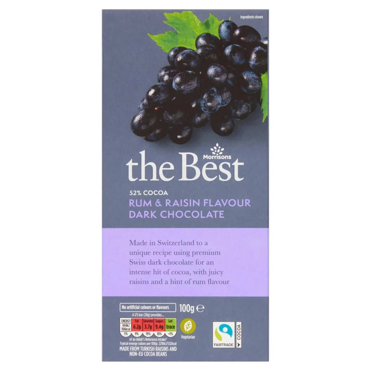 Morrisons The Best 52% Cocoa Dark Chocolate With Rum & Raisin 100g - UK Food & Drink - 5010251714613